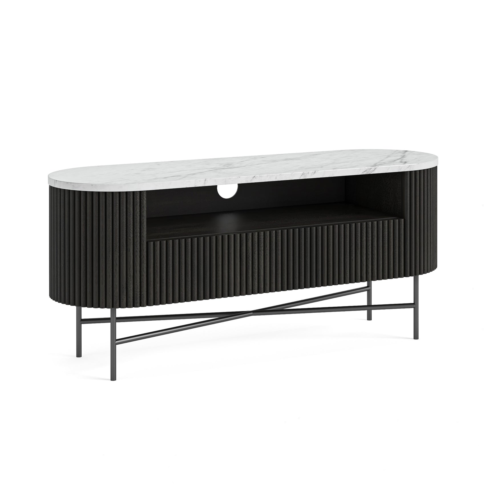 Hudson Black Ribbed Mango Wood & White Marble Small TV Unit