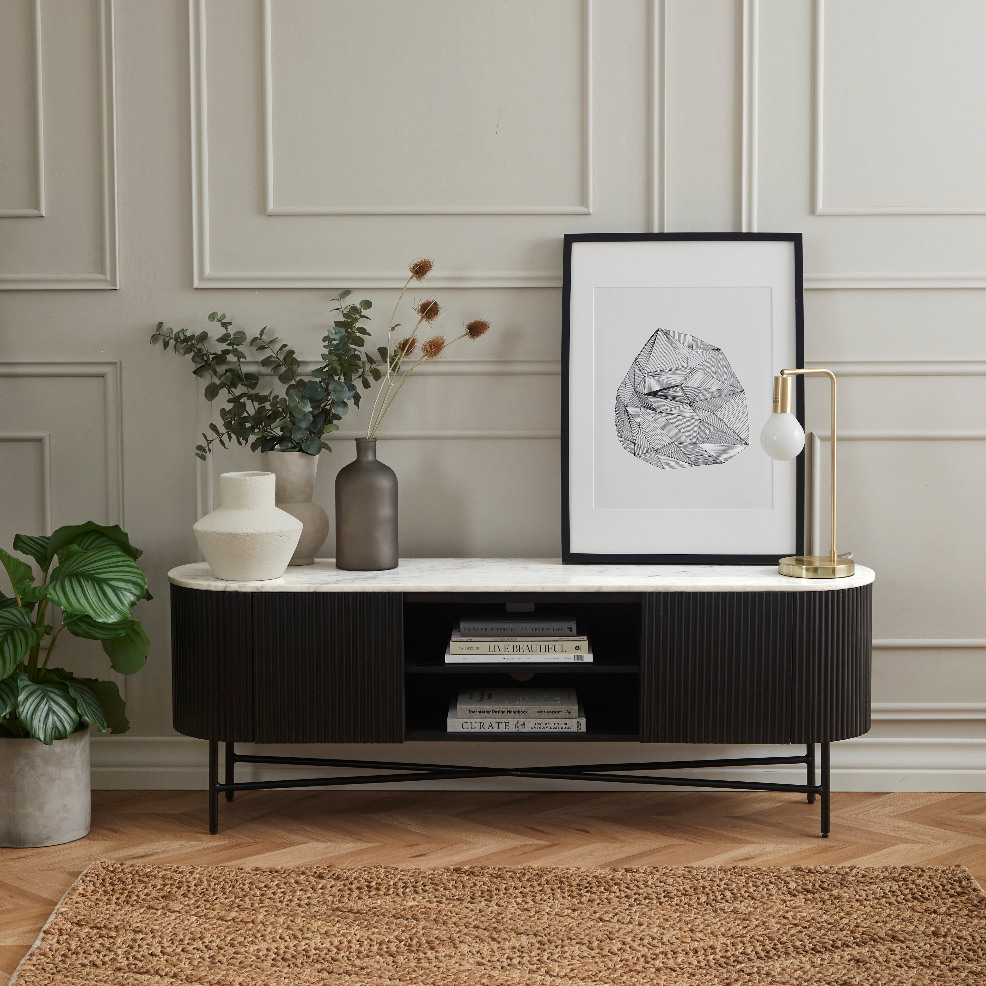 Hudson Black Ribbed Mango Wood & White Marble Large TV Unit