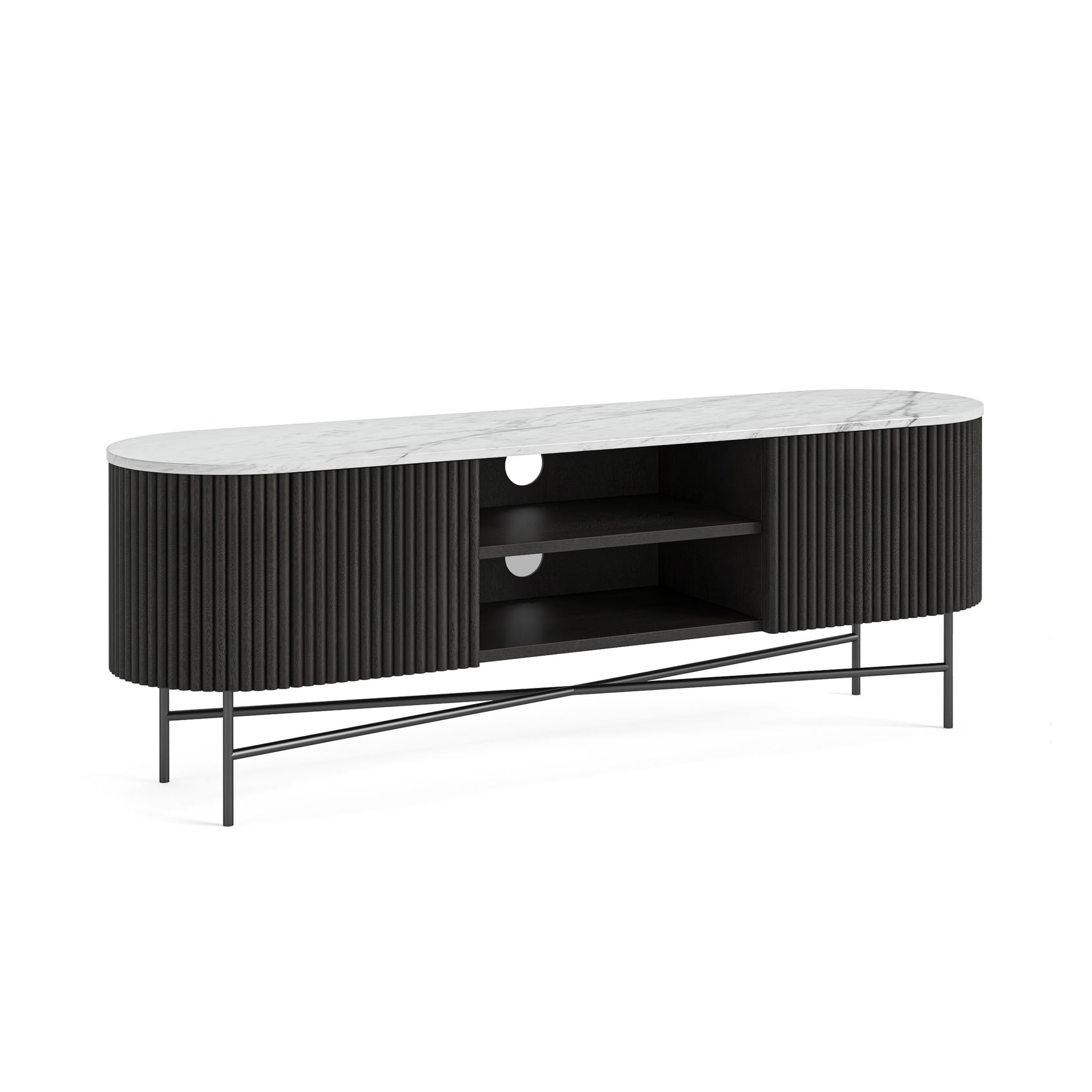 Hudson Black Ribbed Mango Wood & White Marble Large TV Unit