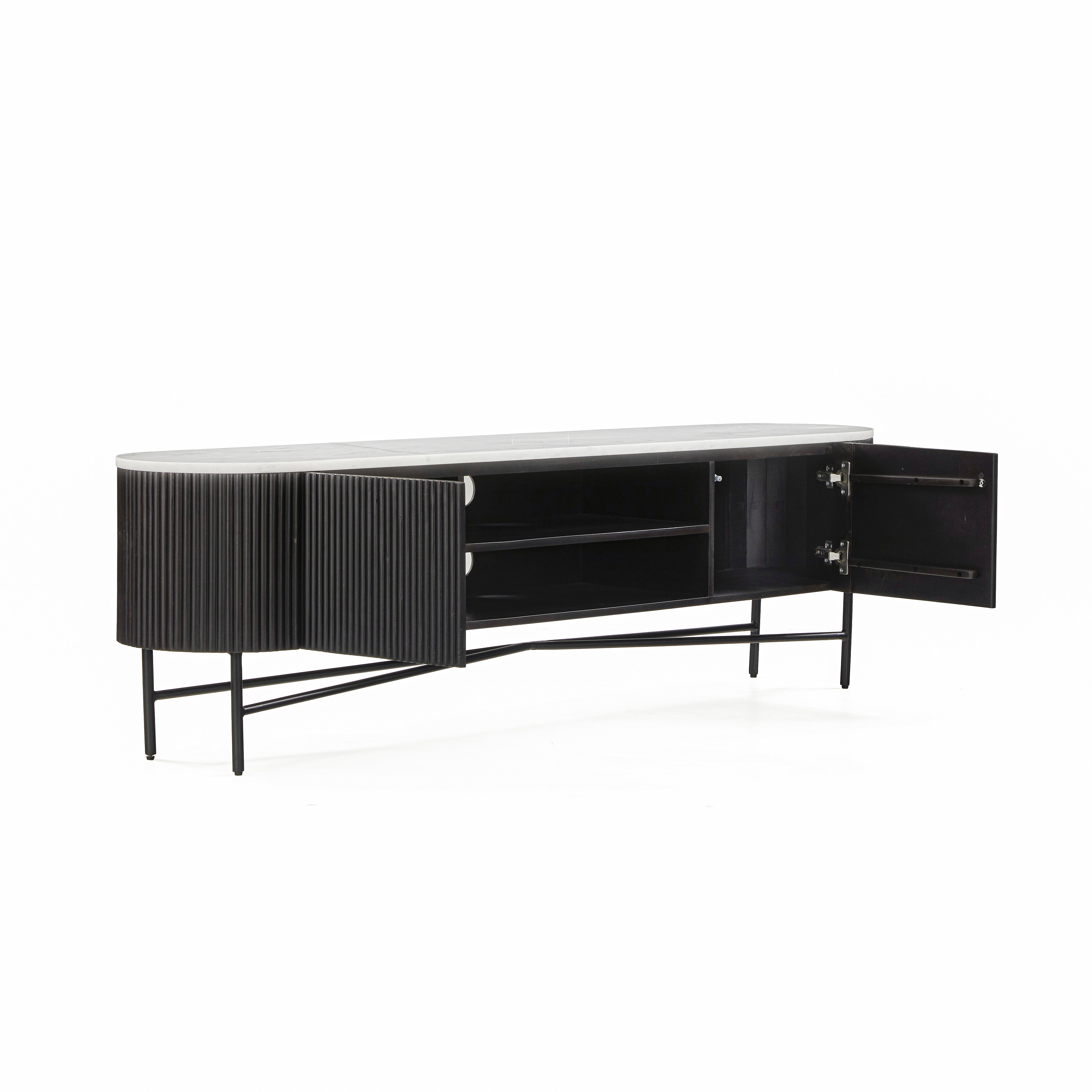 Hudson Black Ribbed Mango Wood & White Marble TV Unit - Extra Large
