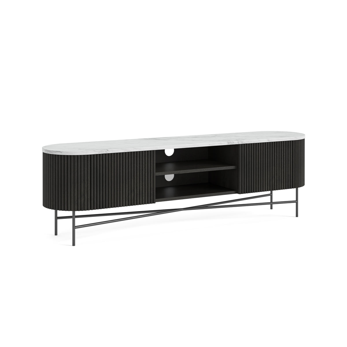 Hudson Black Ribbed Mango Wood & White Marble TV Unit - Extra Large