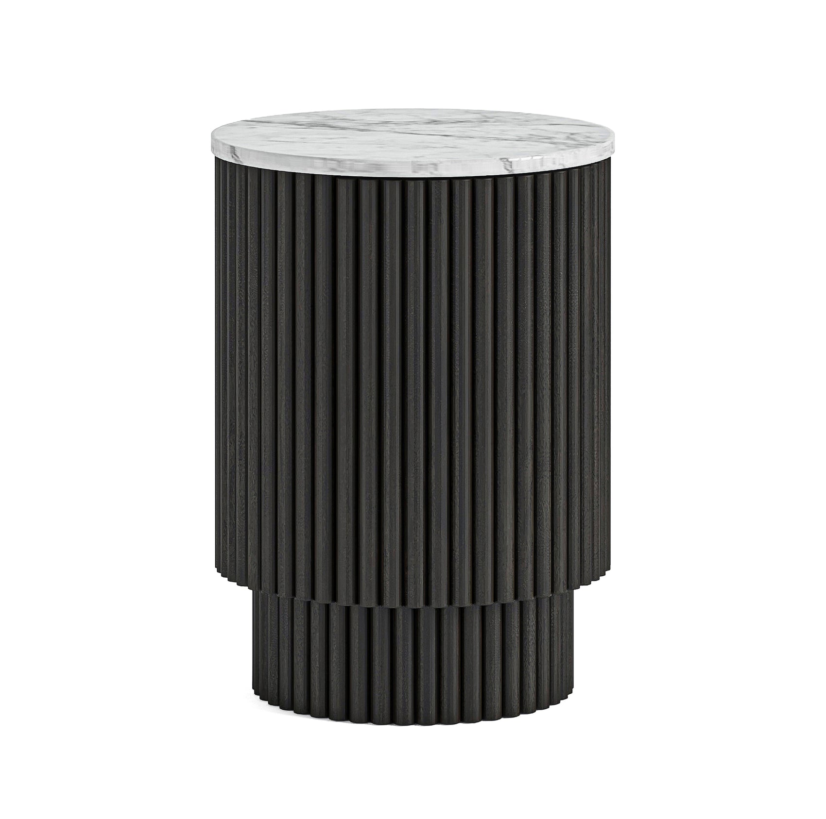 Hudson Black Ribbed Mango Wood & White Marble Side Table with Door