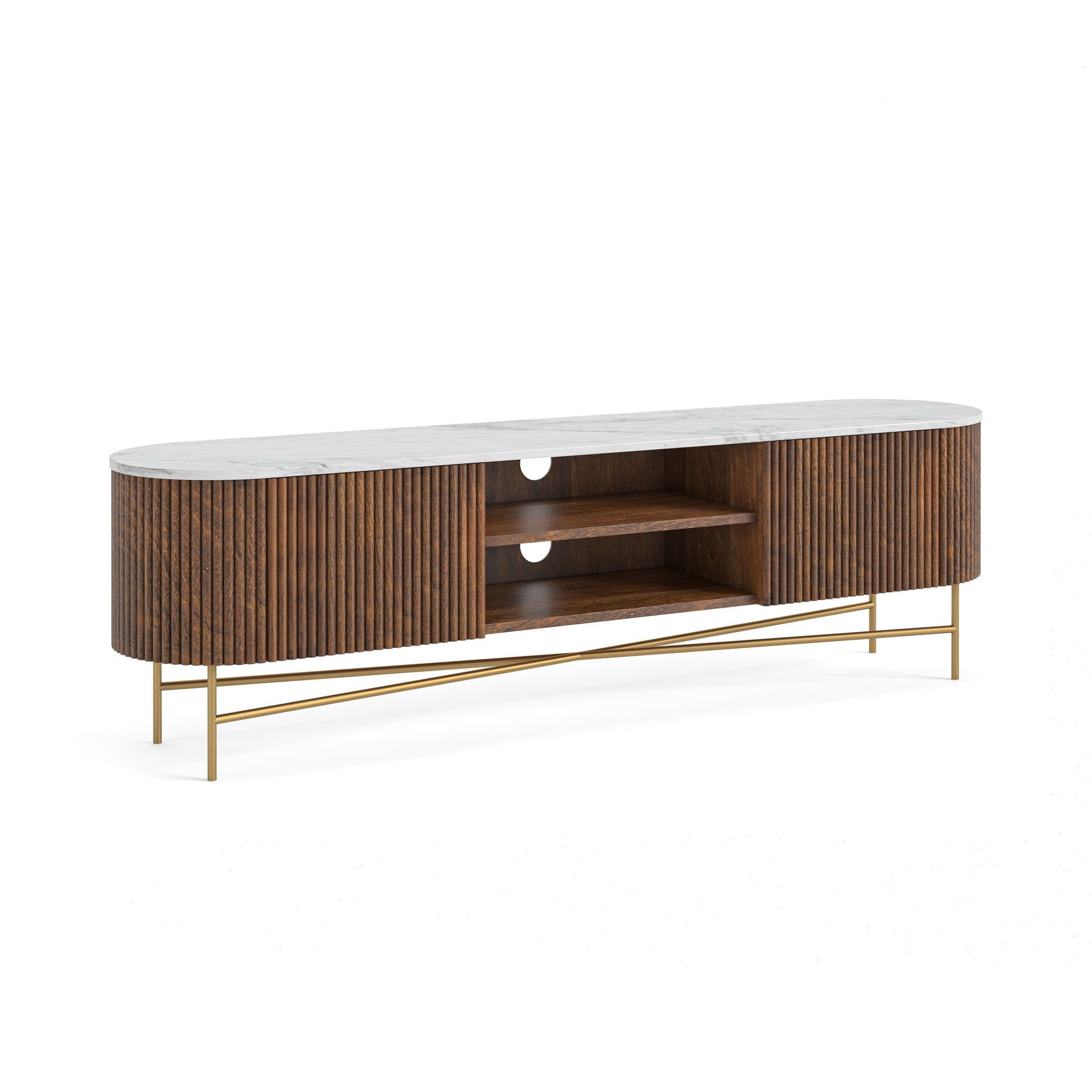 Marlow Brown Ribbed Mango Wood & White Marble TV Unit - Extra Large