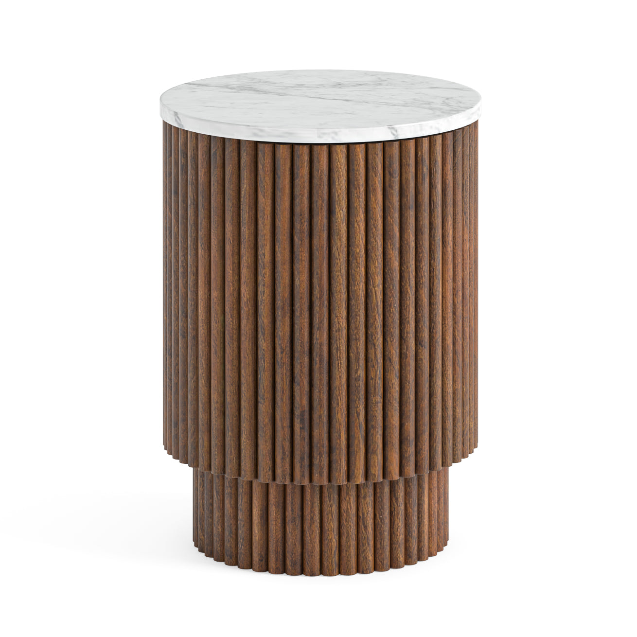 Marlow Brown Ribbed Mango Wood & White Marble Side Table with Door
