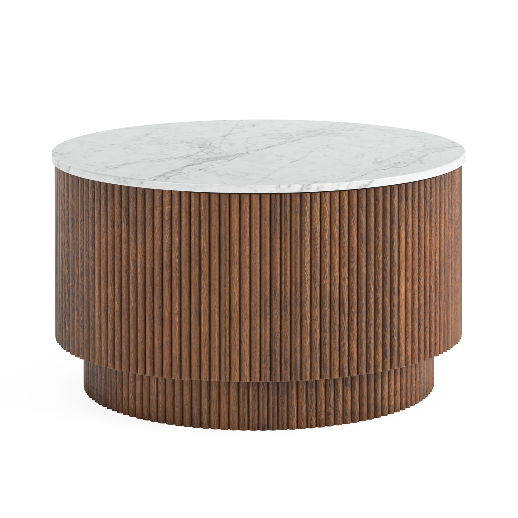 Marlow Brown Ribbed Mango Wood & White Marble Round Coffee Table