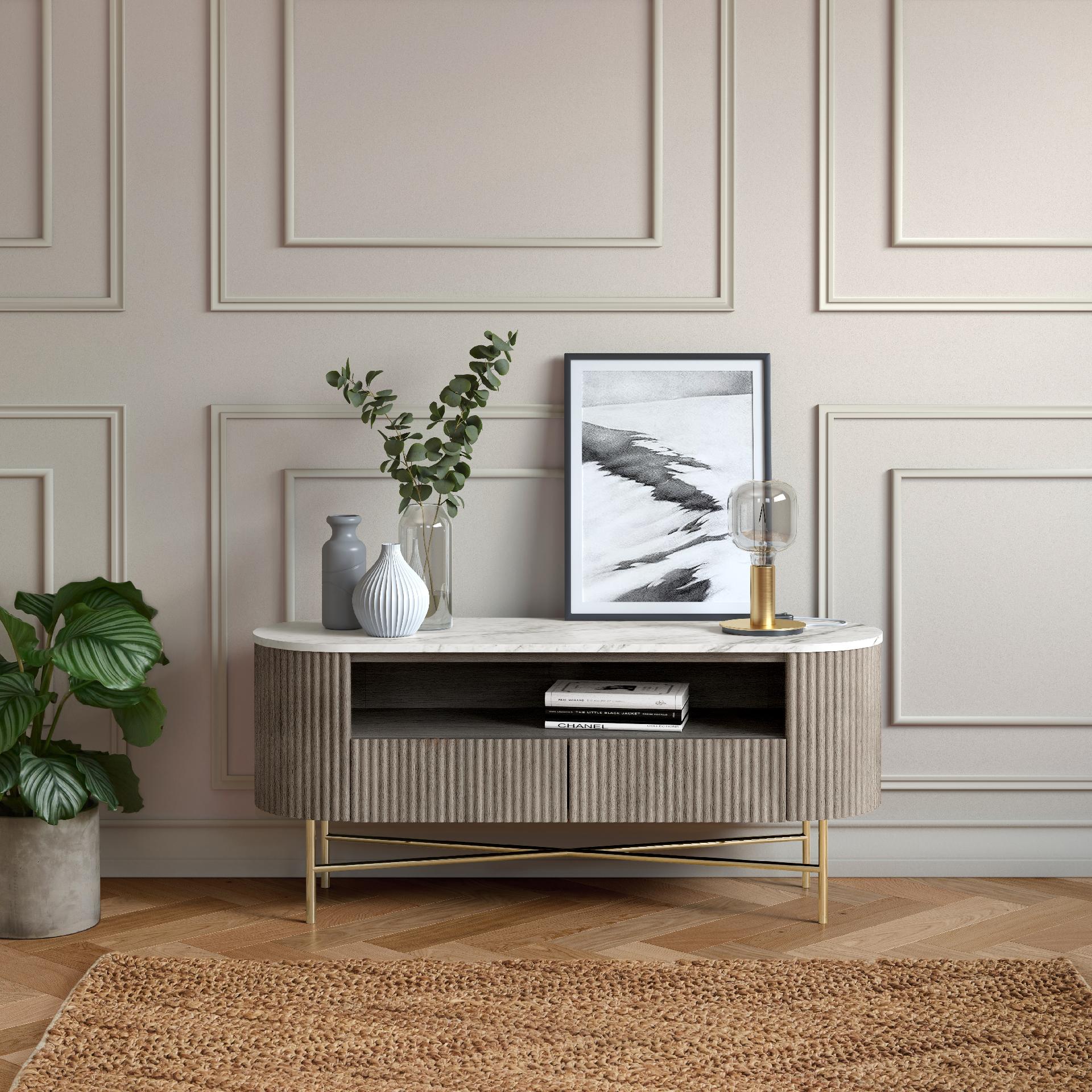 Monroe Grey Ribbed Mango Wood & White Marble Small TV Unit