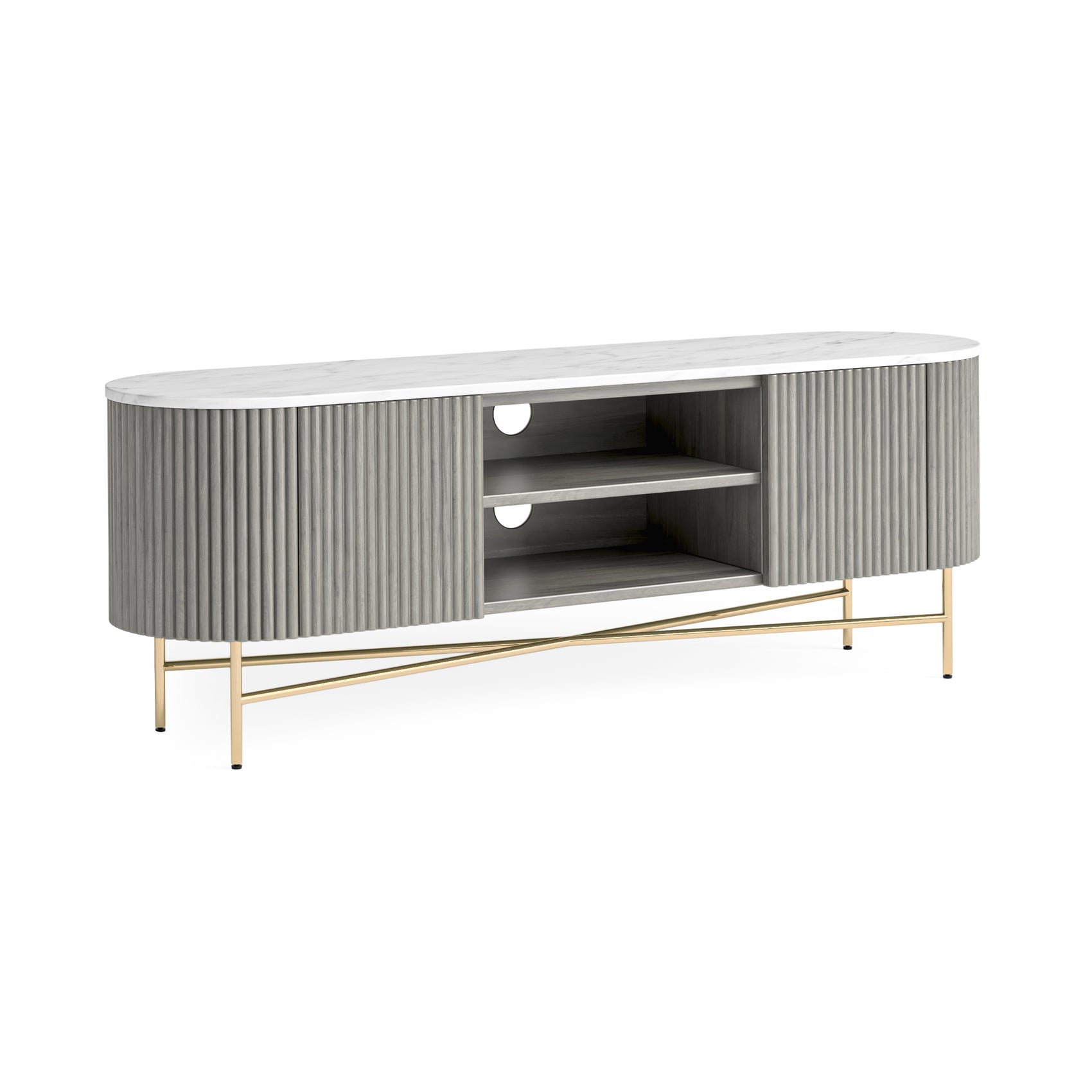 Monroe Grey Ribbed Mango Wood & White Marble Large TV Unit