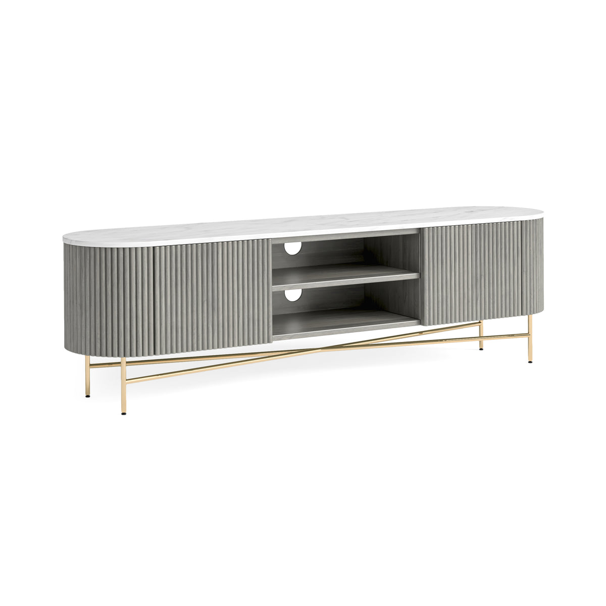 Monroe Grey Ribbed Mango Wood & White Marble TV Unit - Extra Large