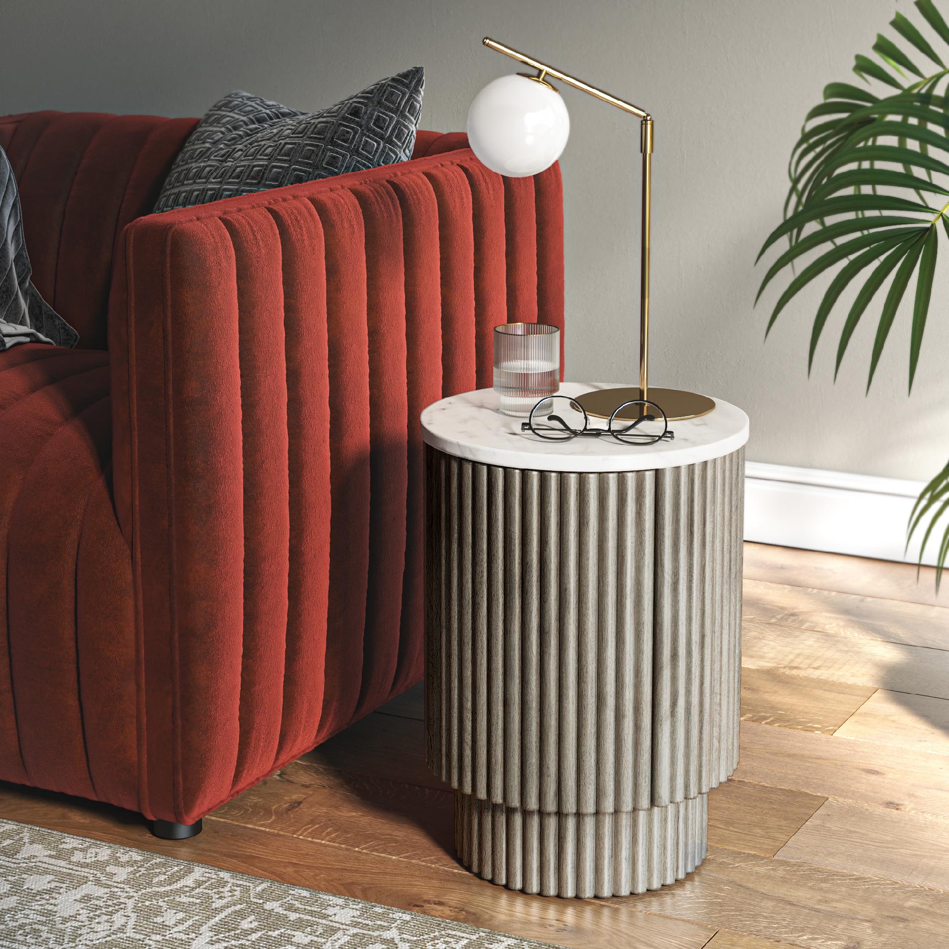 Monroe Grey Ribbed Mango Wood & White Marble Side Table with Door