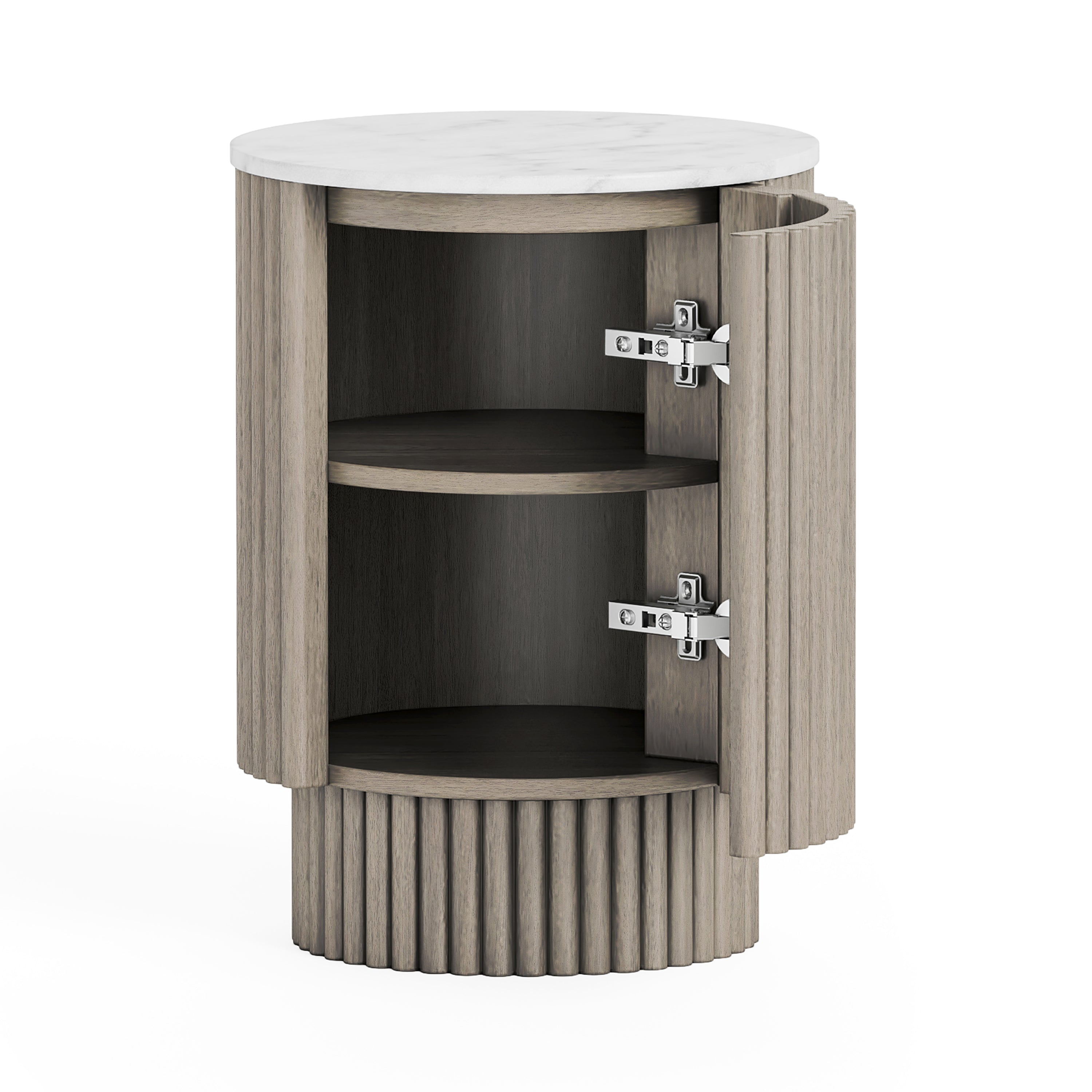 Monroe Grey Ribbed Mango Wood & White Marble Side Table with Door