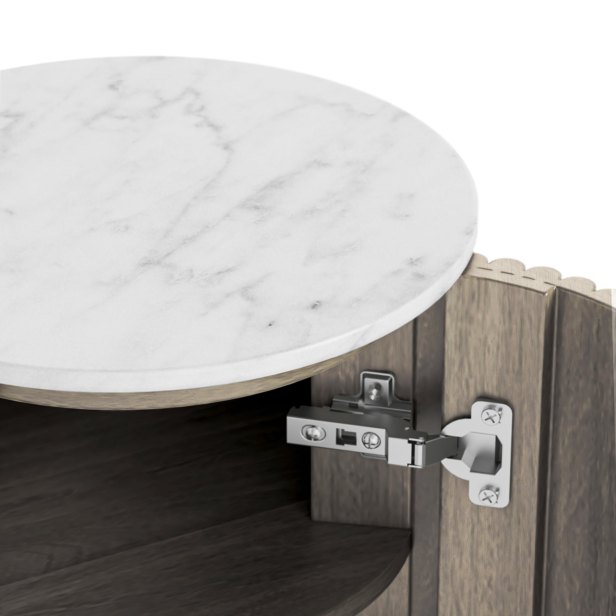 Monroe Grey Ribbed Mango Wood & White Marble Side Table with Door