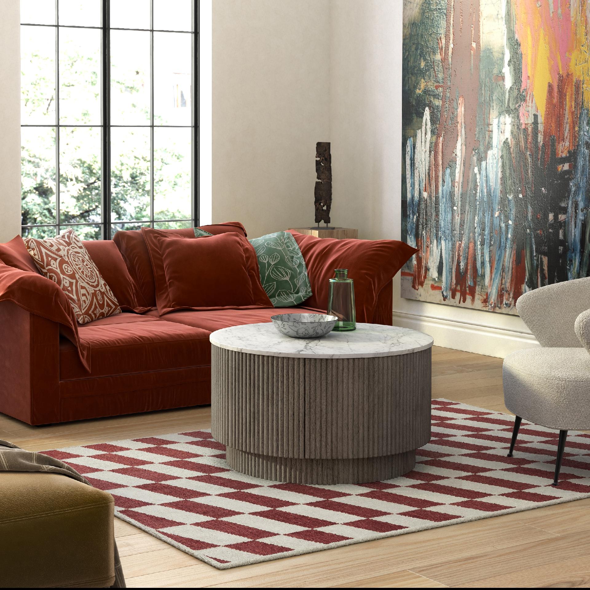 Monroe Grey Ribbed Mango Wood & White Marble Round Coffee Table