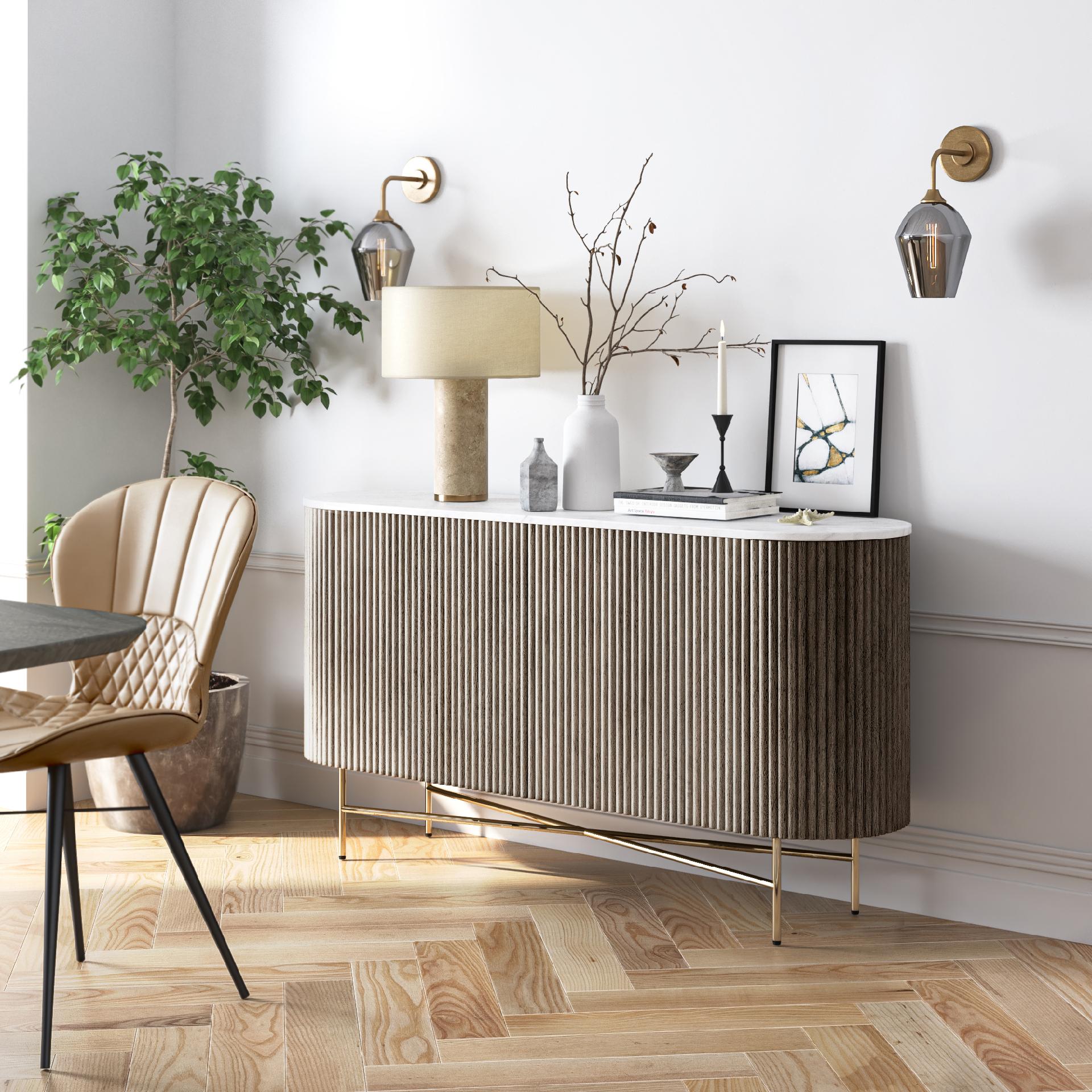 Monroe Grey Ribbed Mango Wood & White Marble Sideboard - Large
