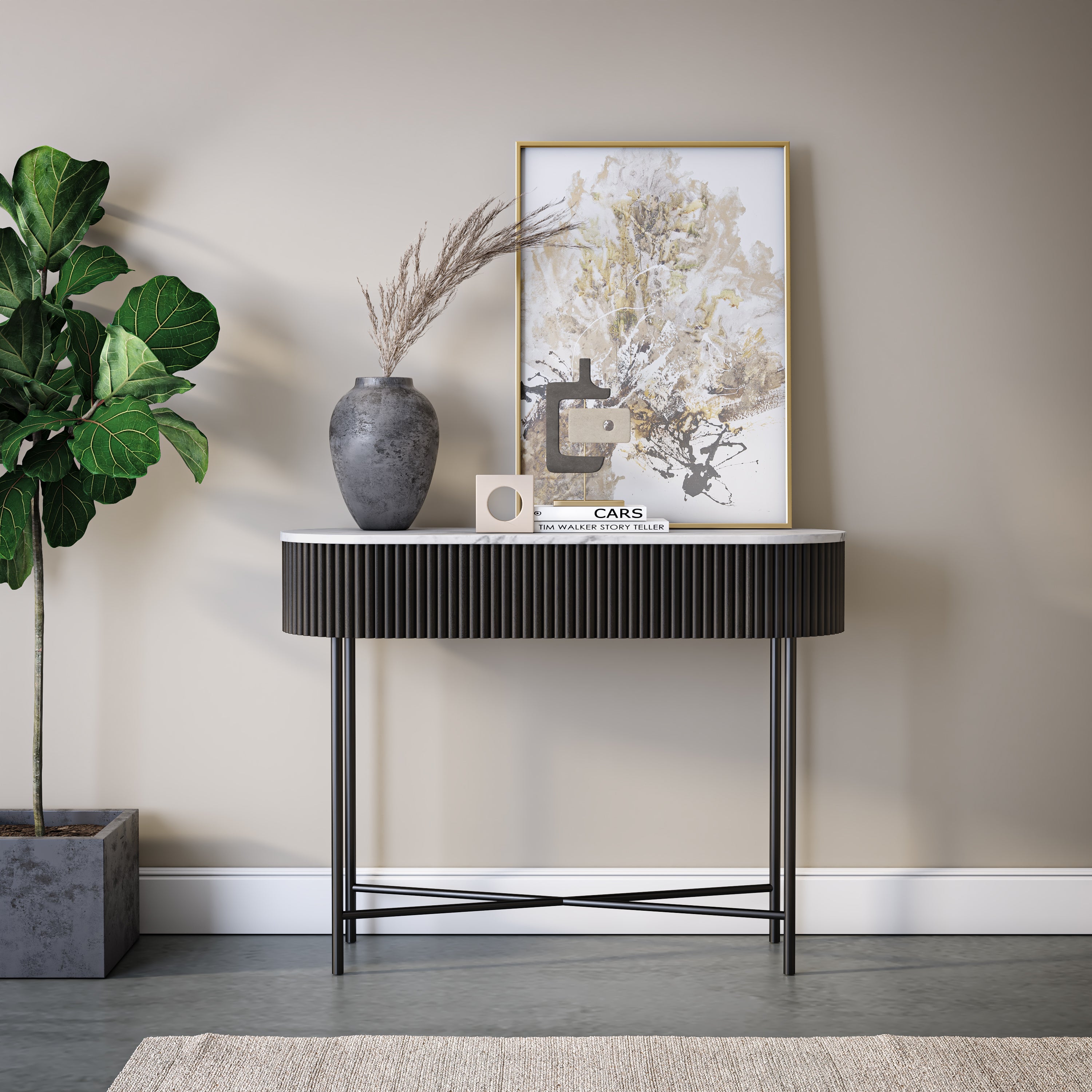 Hudson Black Ribbed Mango Wood & White Marble Console Table