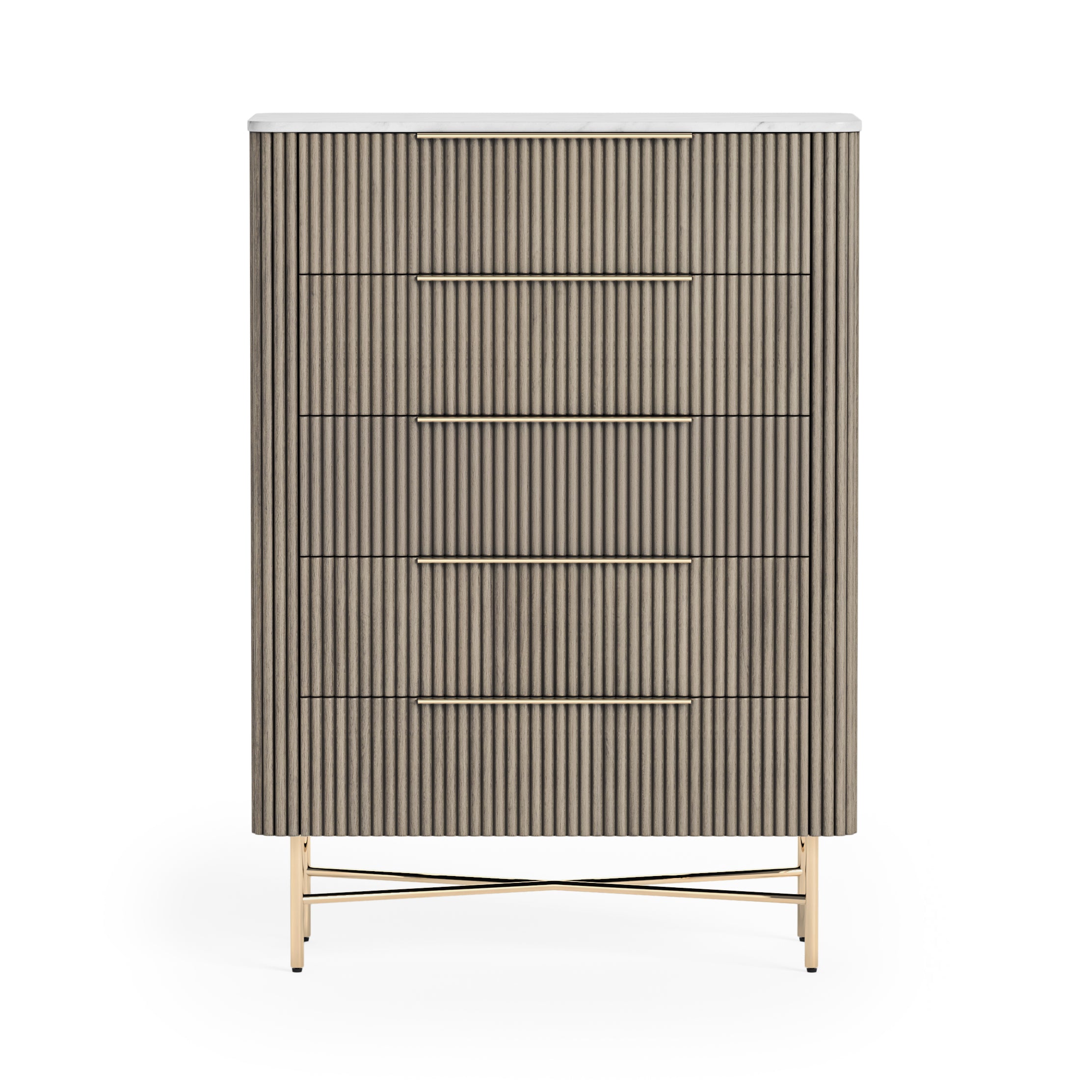 Monroe Grey Ribbed Mango Wood & White Marble Chest 5 Drawer