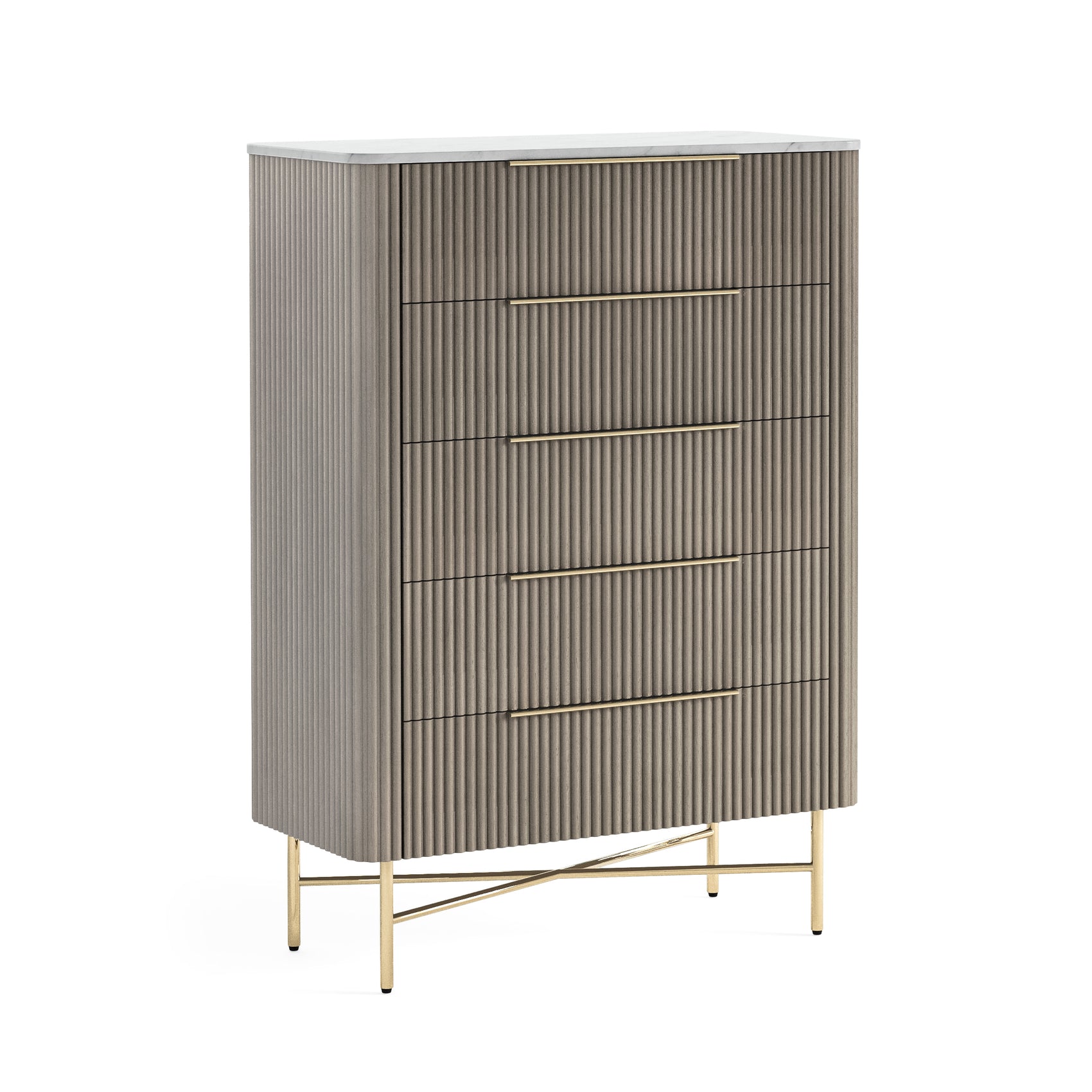 Monroe Grey Ribbed Mango Wood & White Marble Chest 5 Drawer
