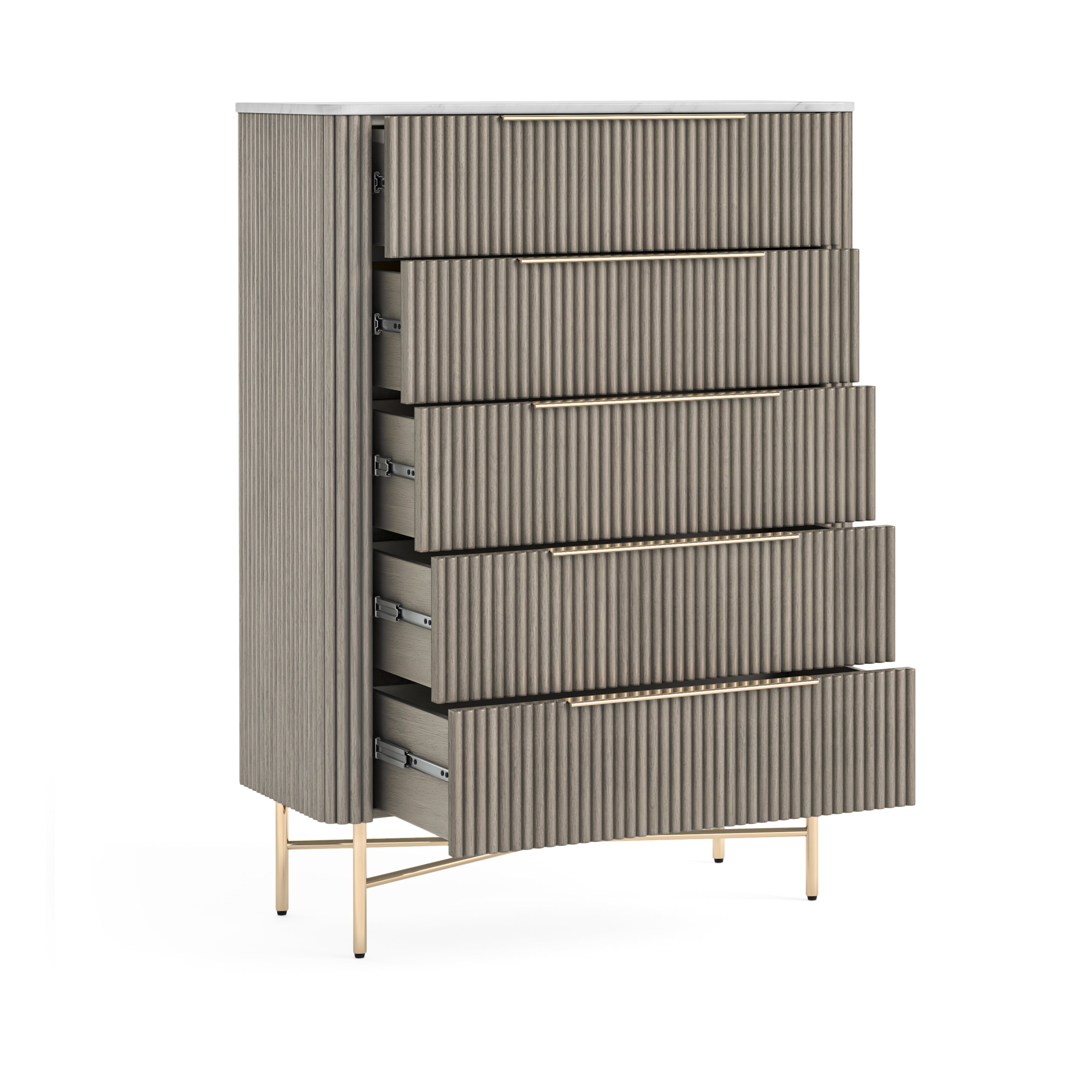 Monroe Grey Ribbed Mango Wood & White Marble Chest 5 Drawer