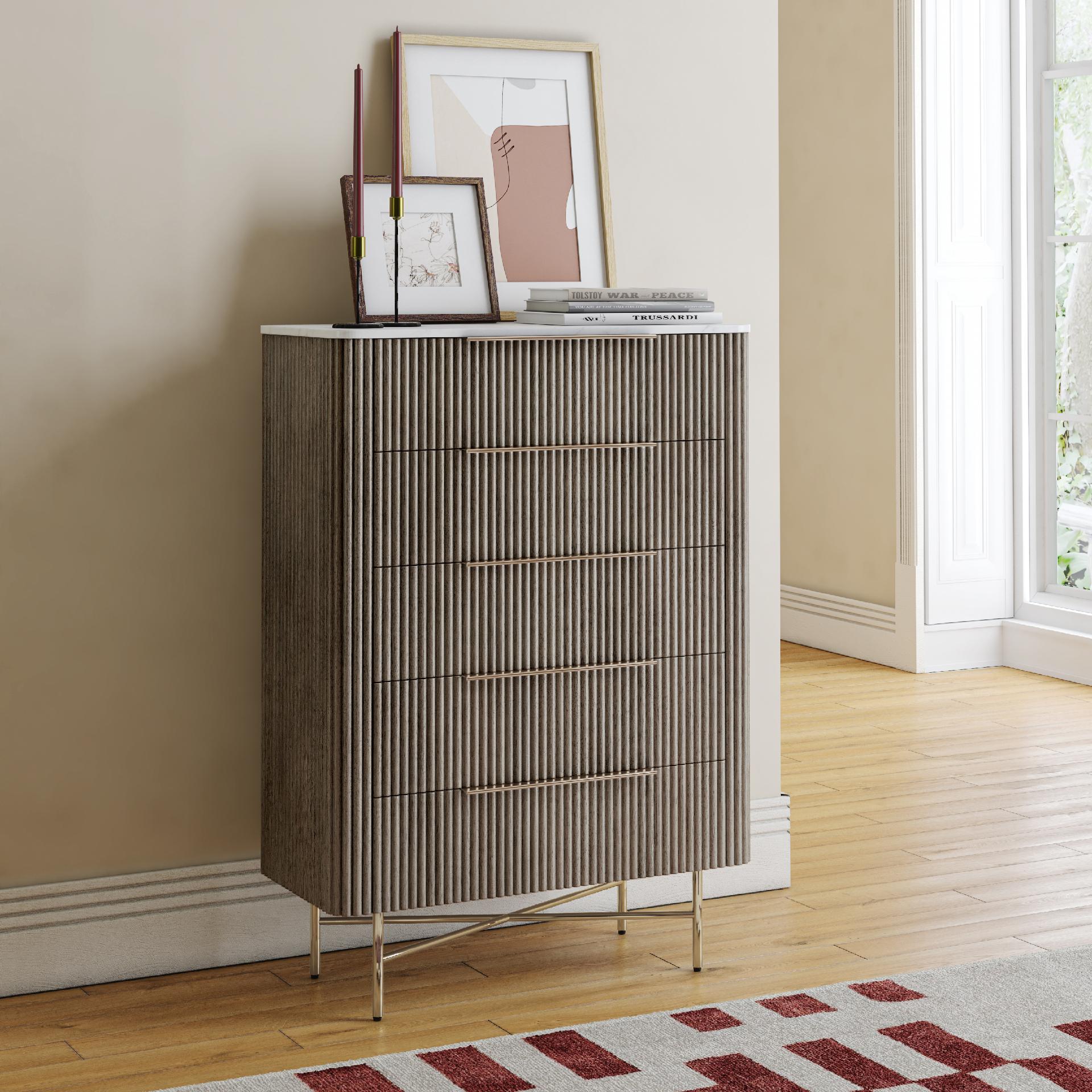 Monroe Grey Ribbed Mango Wood & White Marble Chest 5 Drawer