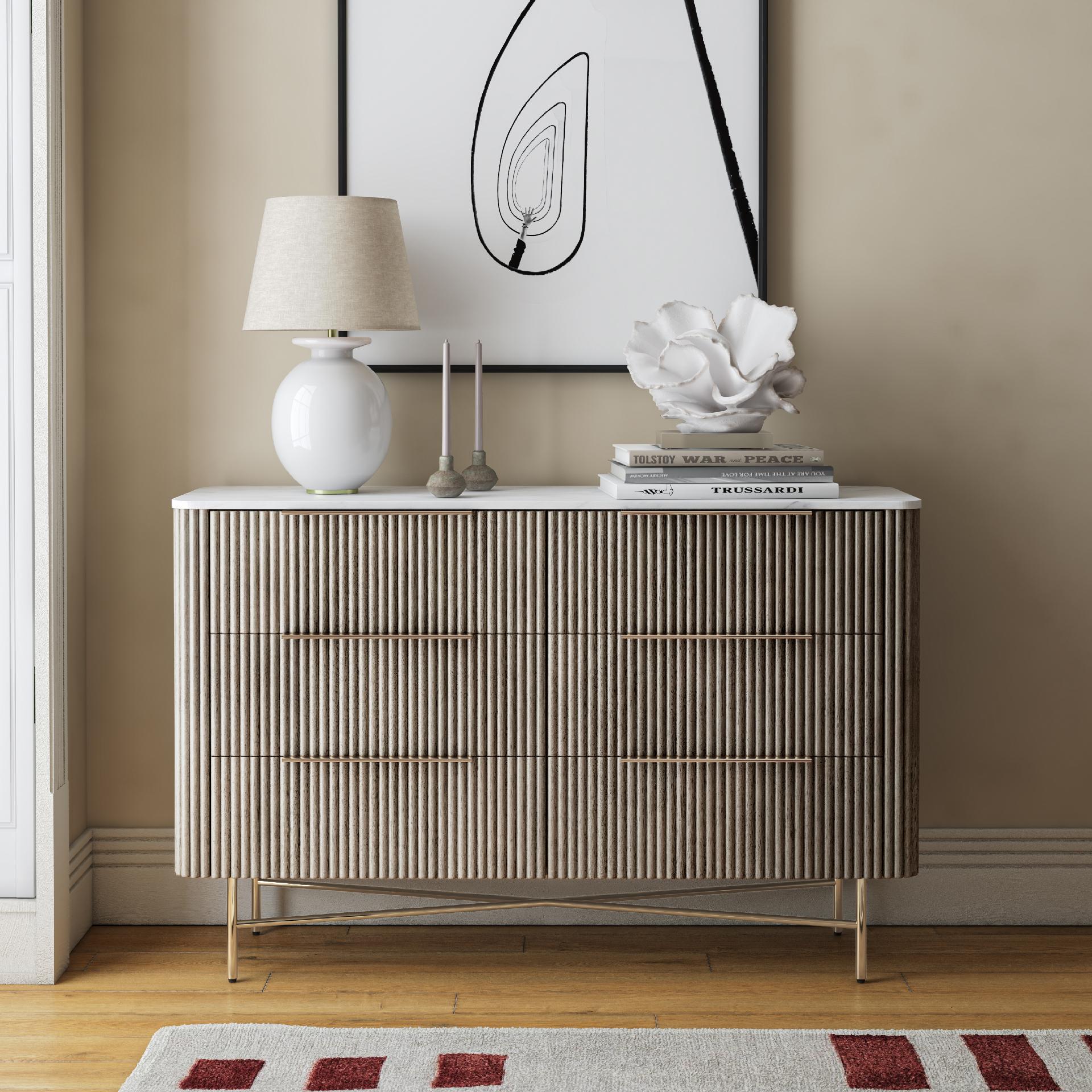 Monroe Grey Ribbed Mango Wood & White Marble 6 Drawer Chest