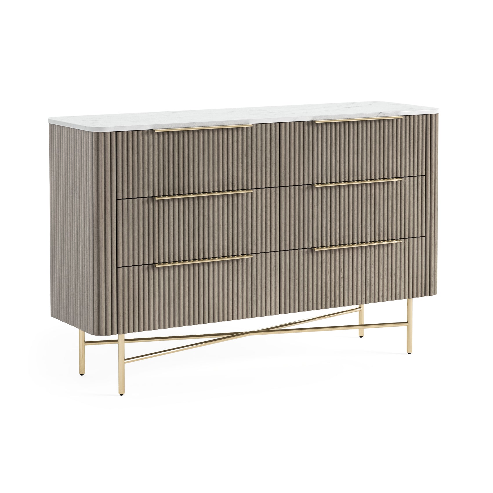 Monroe Grey Ribbed Mango Wood & White Marble 6 Drawer Chest