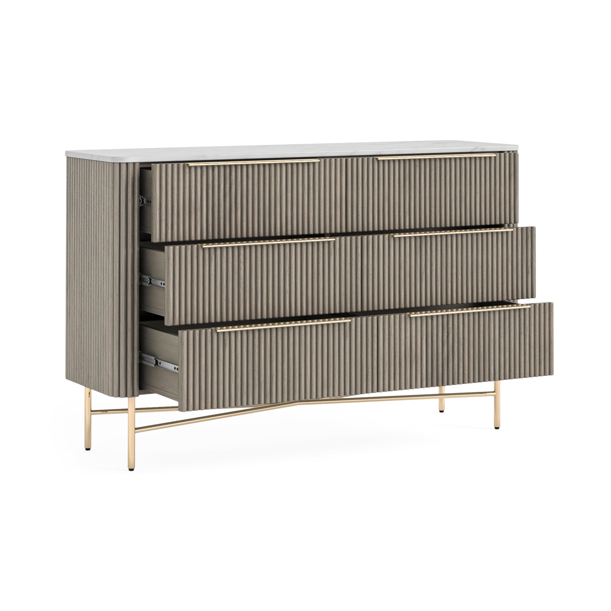 Monroe Grey Ribbed Mango Wood & White Marble 6 Drawer Chest