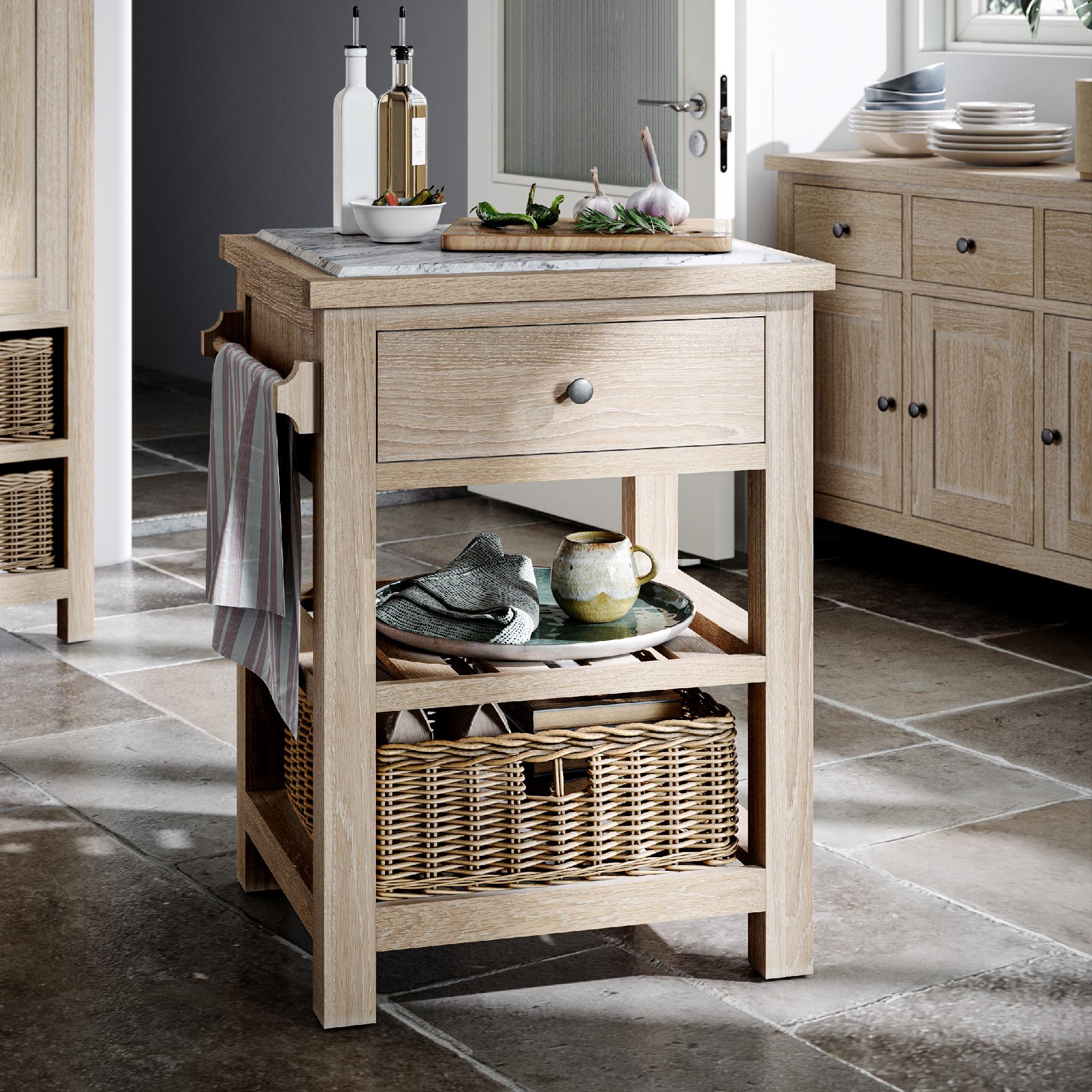 Somerton Whitewash Oak Wood & White Marble Kitchen Island - Small