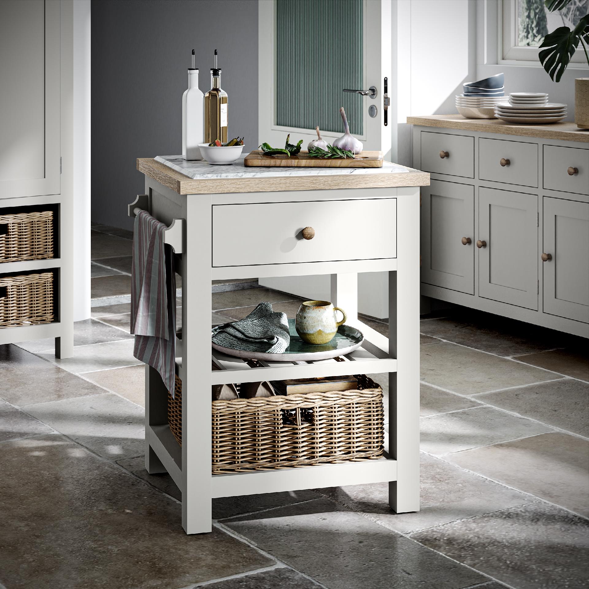 Somerton Coconut White Oak Wood & White Marble Kitchen Island - Small