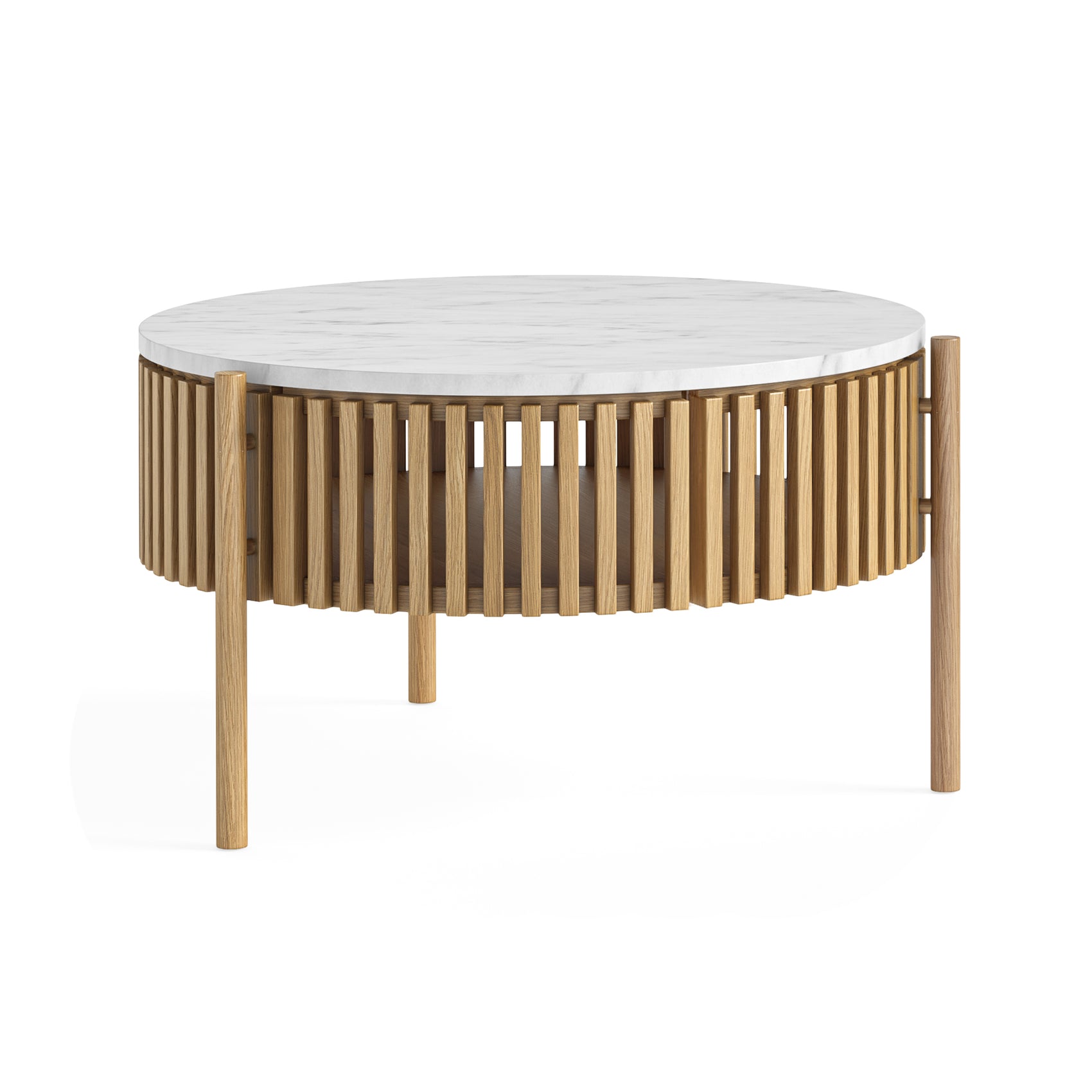 Colton Natural Wood & White Marble Round Coffee Table with Door