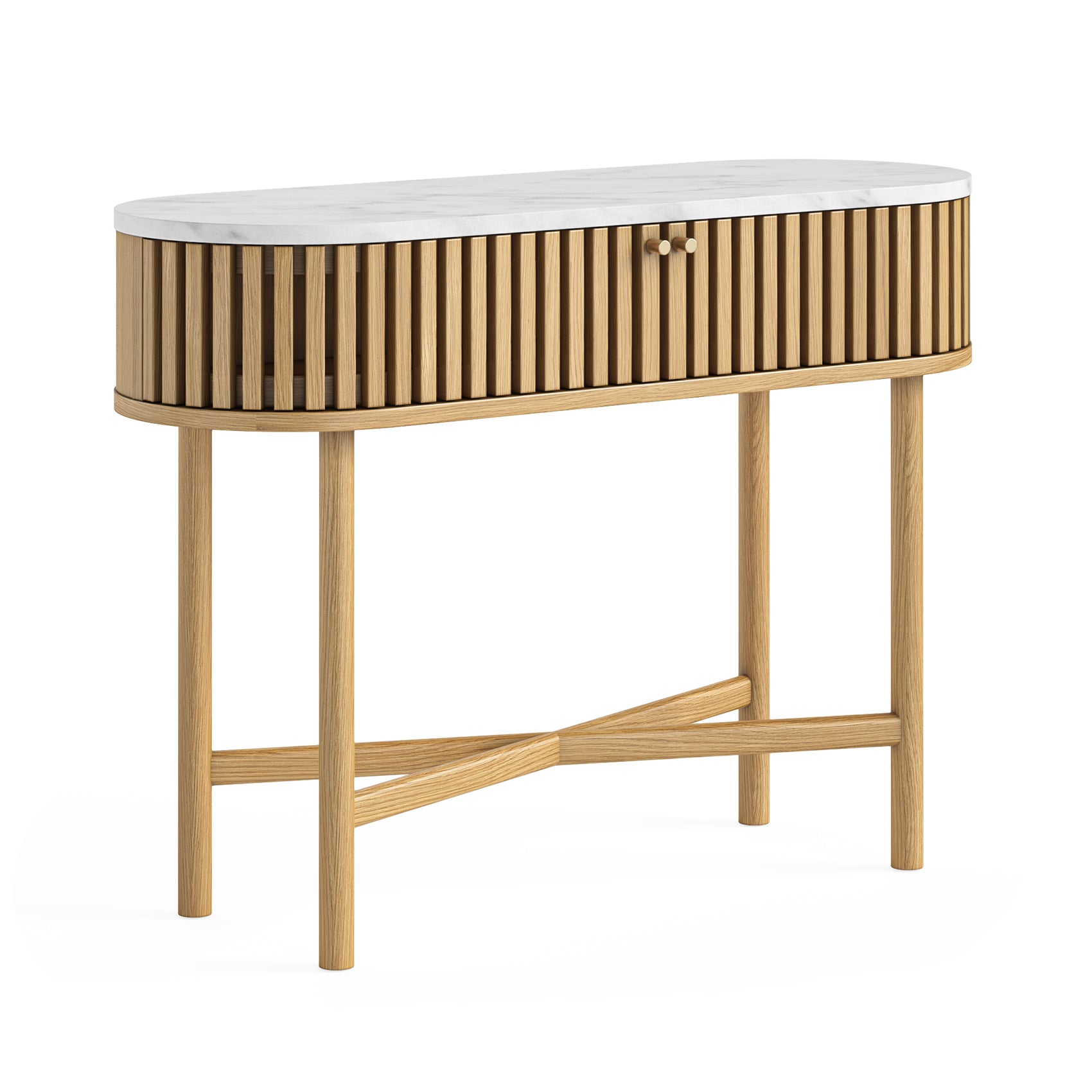 Colton Natural Wood & White Marble Top Oval Console Table