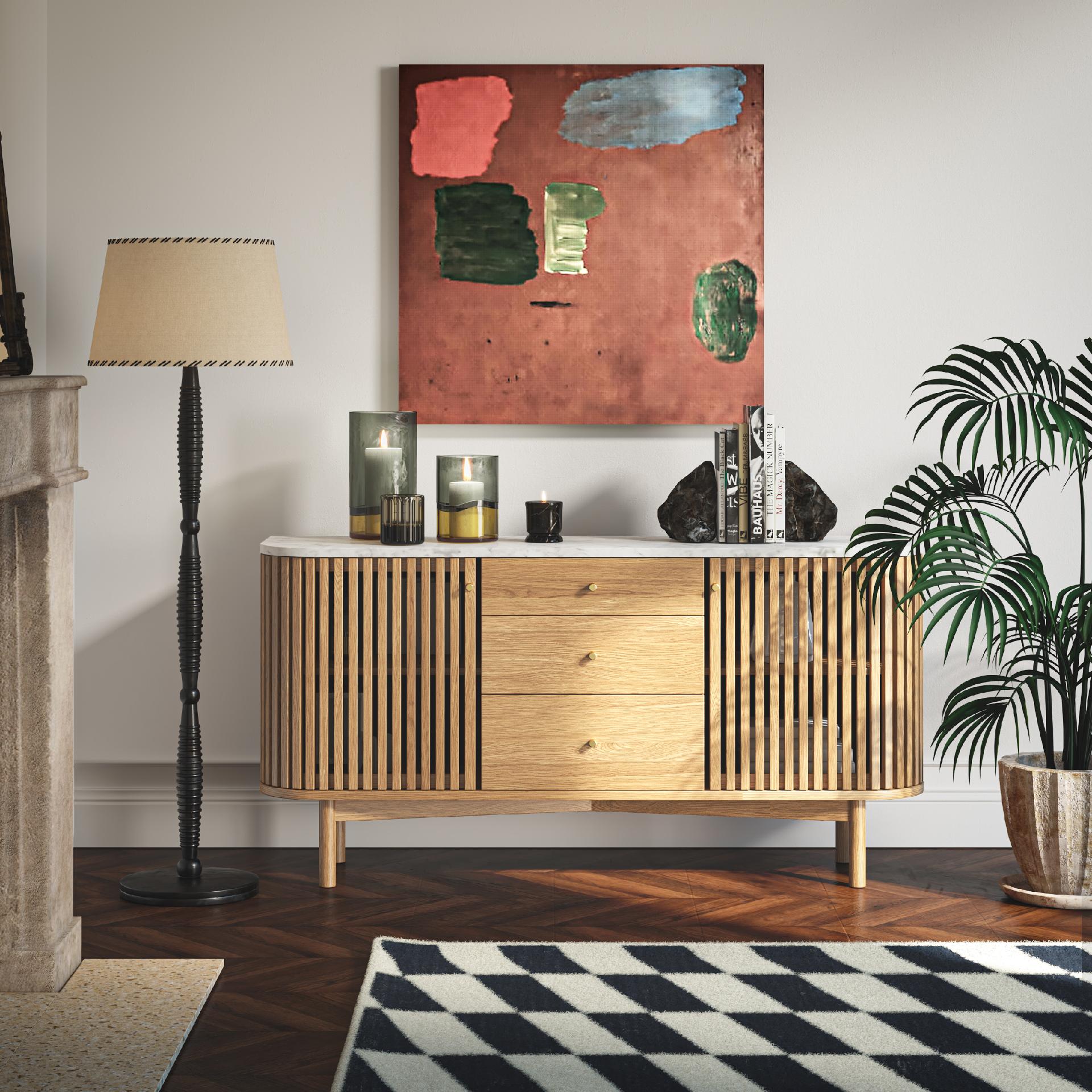 Colton Natural Wood & White Marble Top Sideboard with Drawer