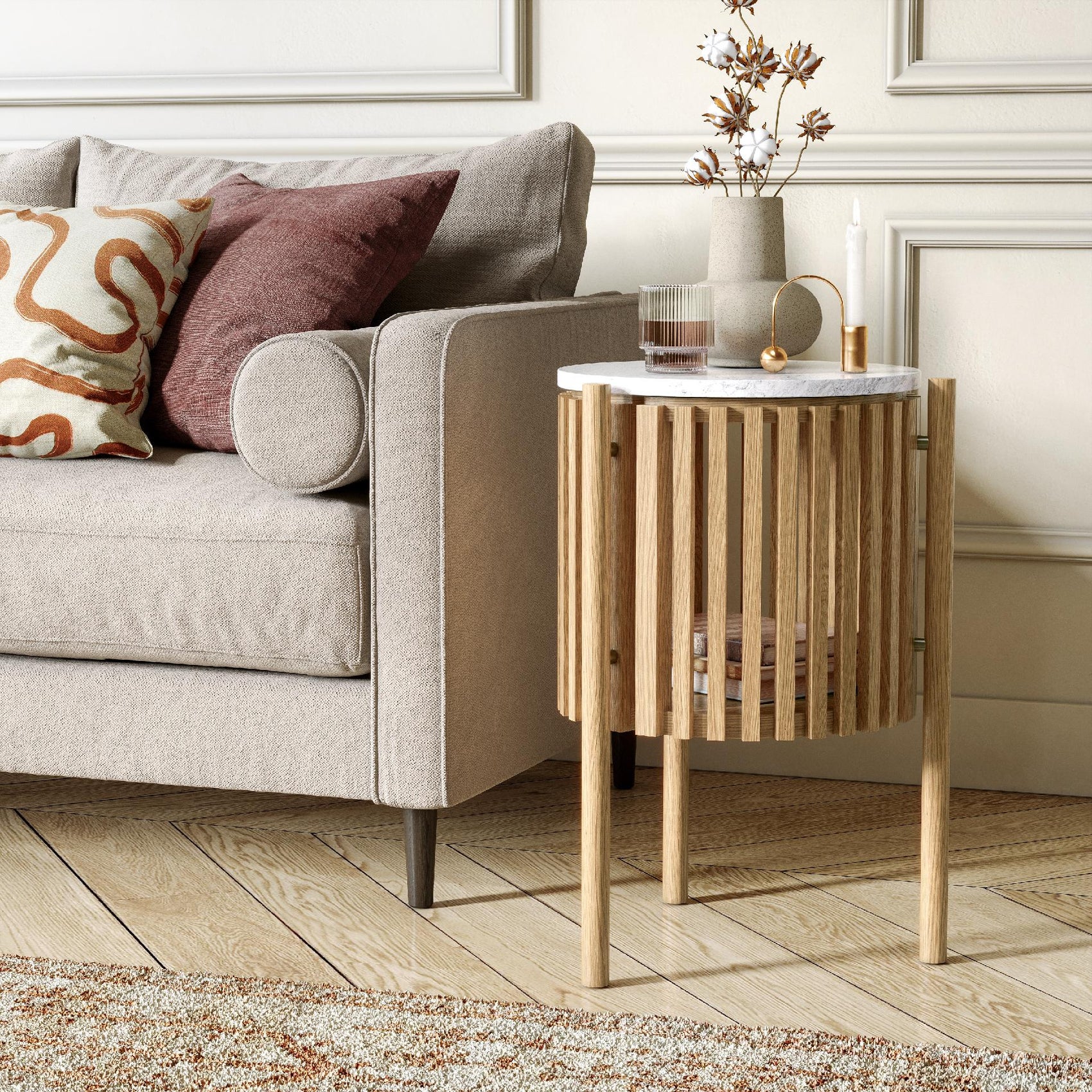 Colton Natural Wood & White Marble Top Story Side Table with Door