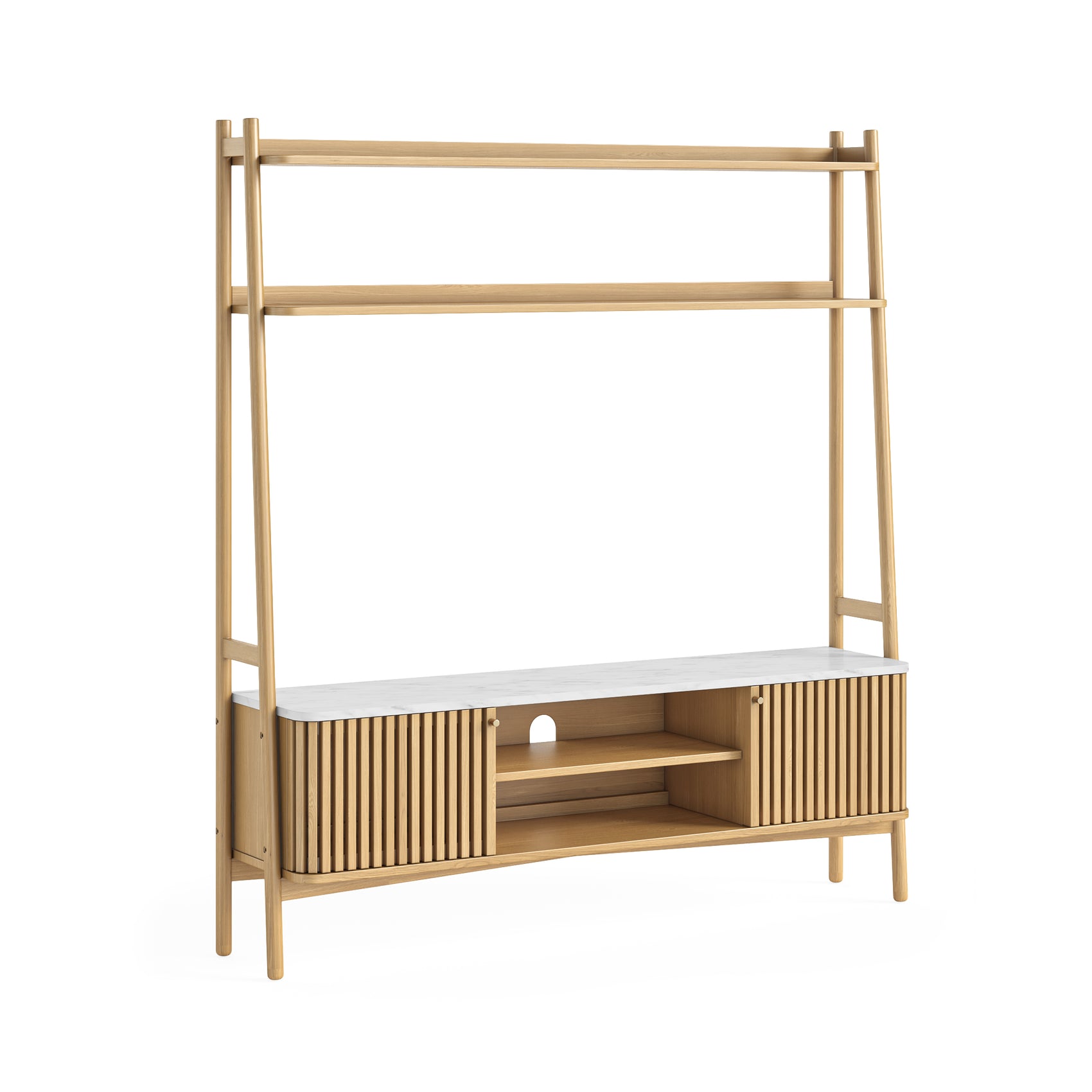 Colton Natural Wood & White Marble Top Ladder TV Unit 165cm Cabinet