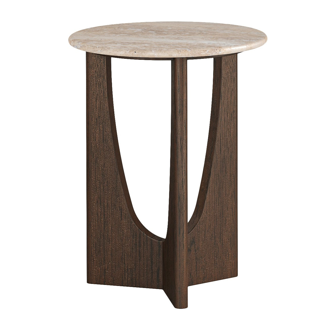 Dakota Brown Oak Wood Round Side Table with Travertine Top