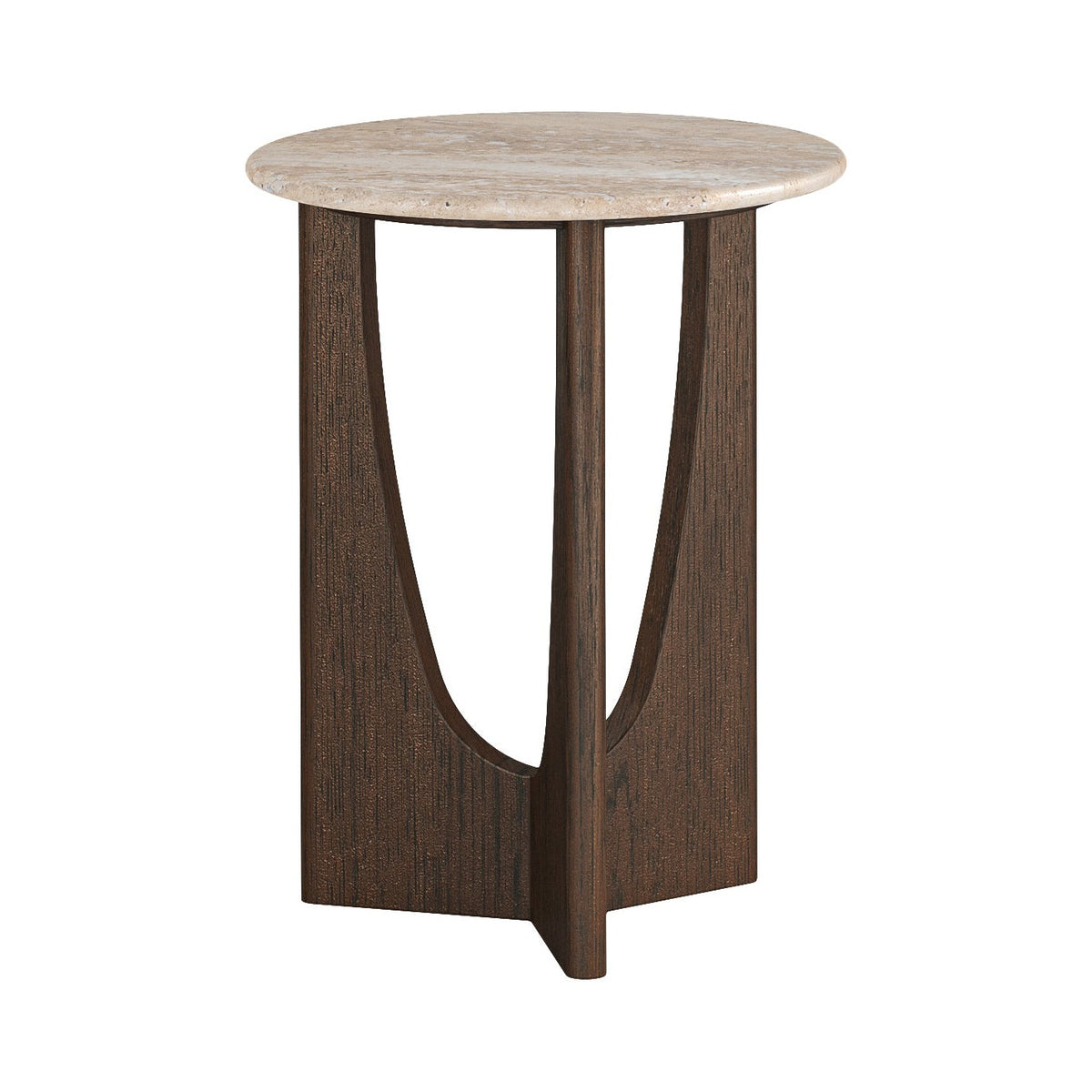 Dakota Walnut Brown Wood Round Side Table with Travertine Top