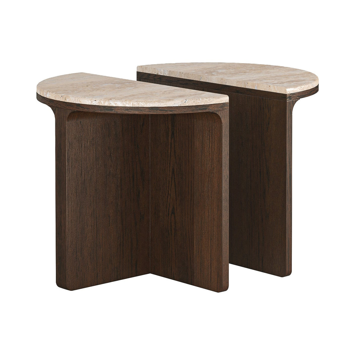 Dakota Walnut Brown Wood Half Moon Side Tables Nest with Travertine Top