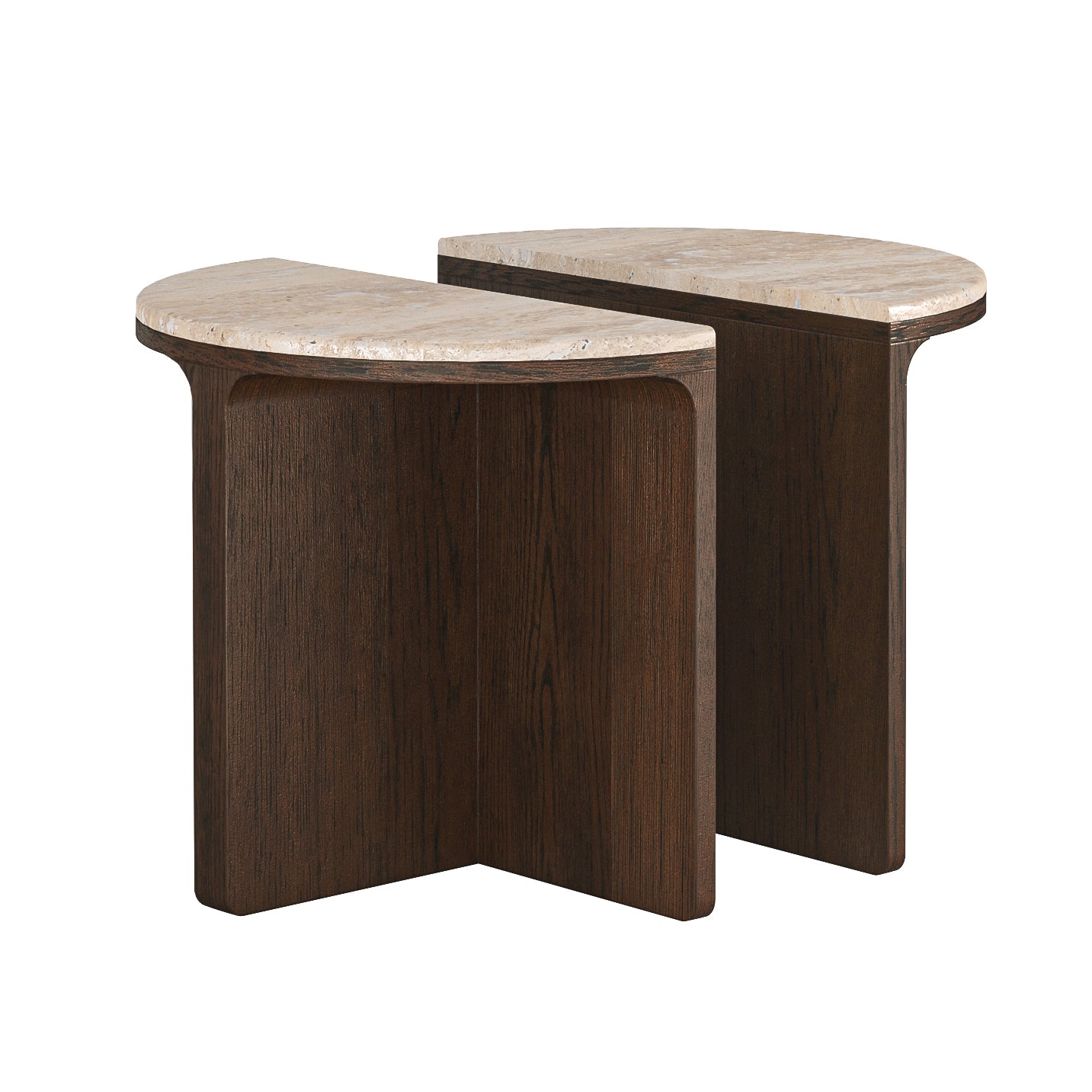 Dakota Brown Oak Wood Half Moon Side Tables Nest with Travertine Top