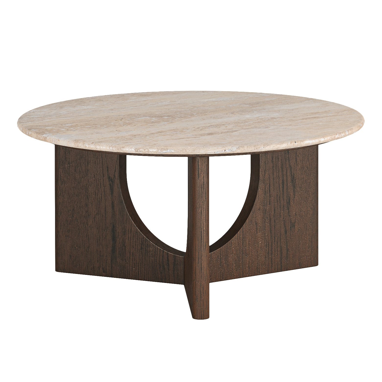 Dakota Brown Oak Wood Round Coffee Table with Travertine Top