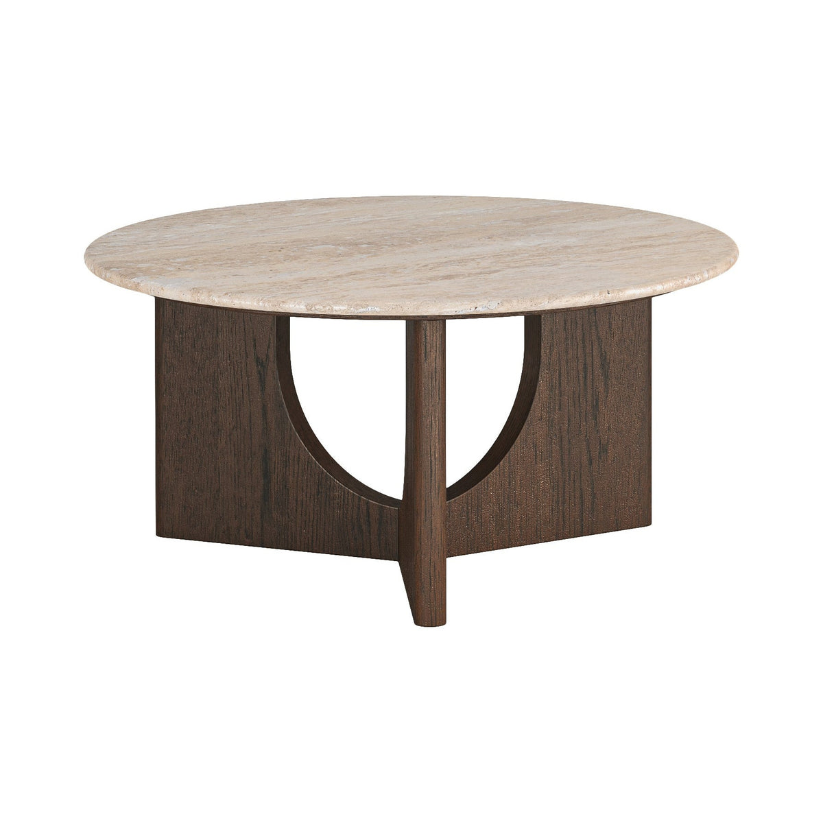 Dakota Walnut Brown Wood Round Coffee Table with Travertine Top