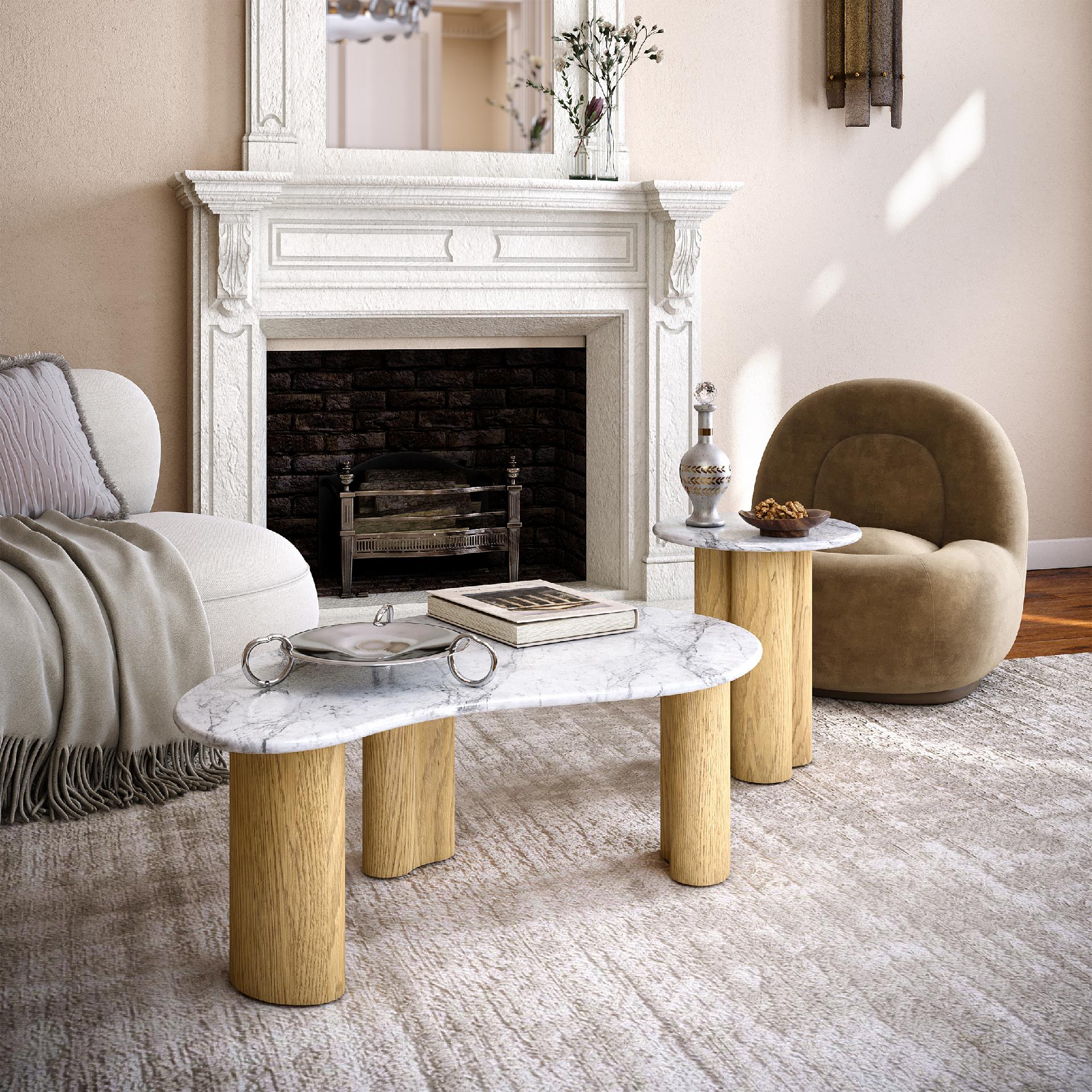 Estelle Oak Wood & White Marble Tear Drop Coffee Table