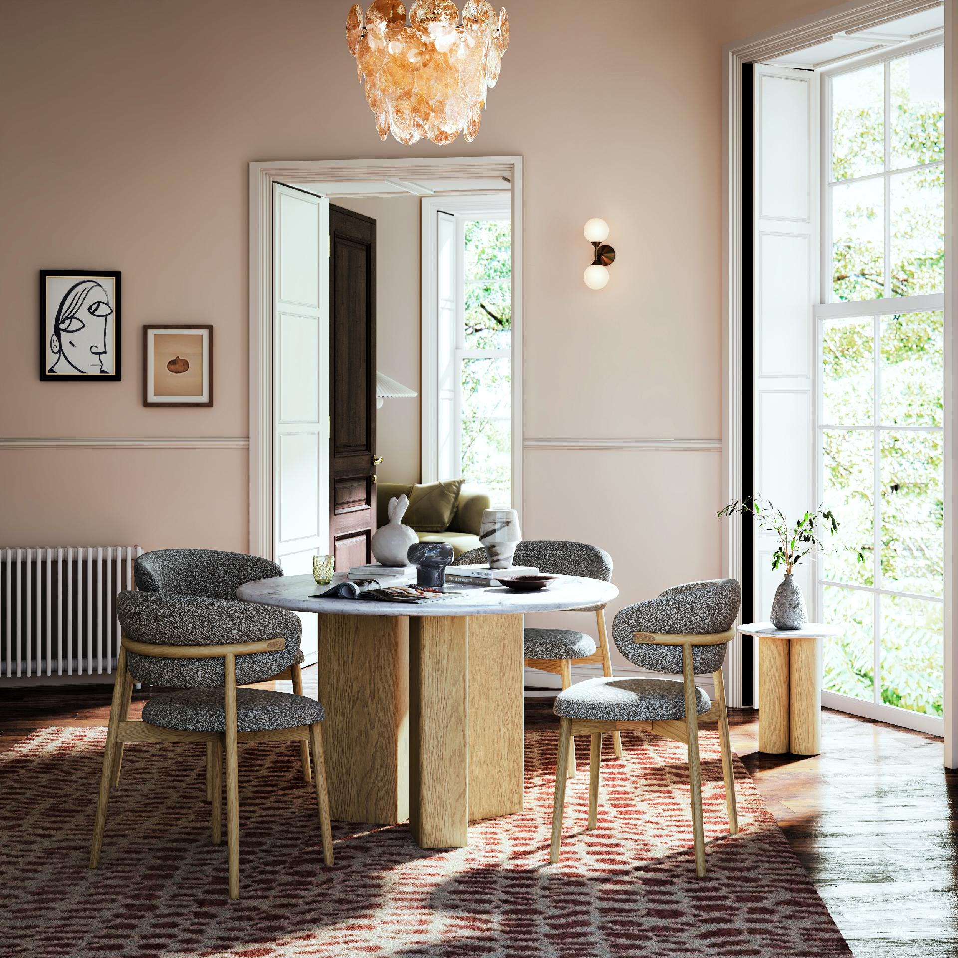 Estelle Oak Wood & White Marble Round Dining Table