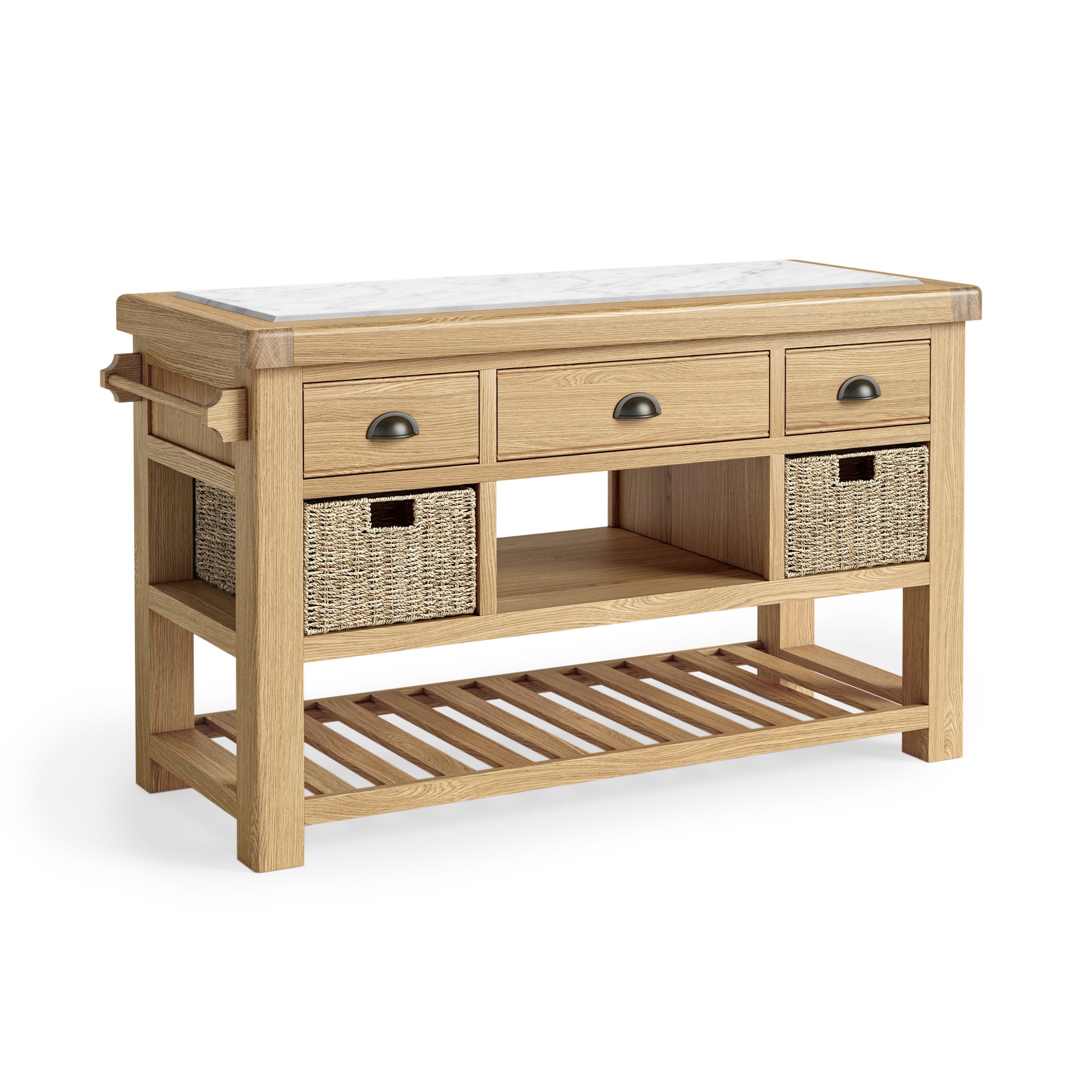 Jackson Oak Wood & White Marble Kitchen Island - Large