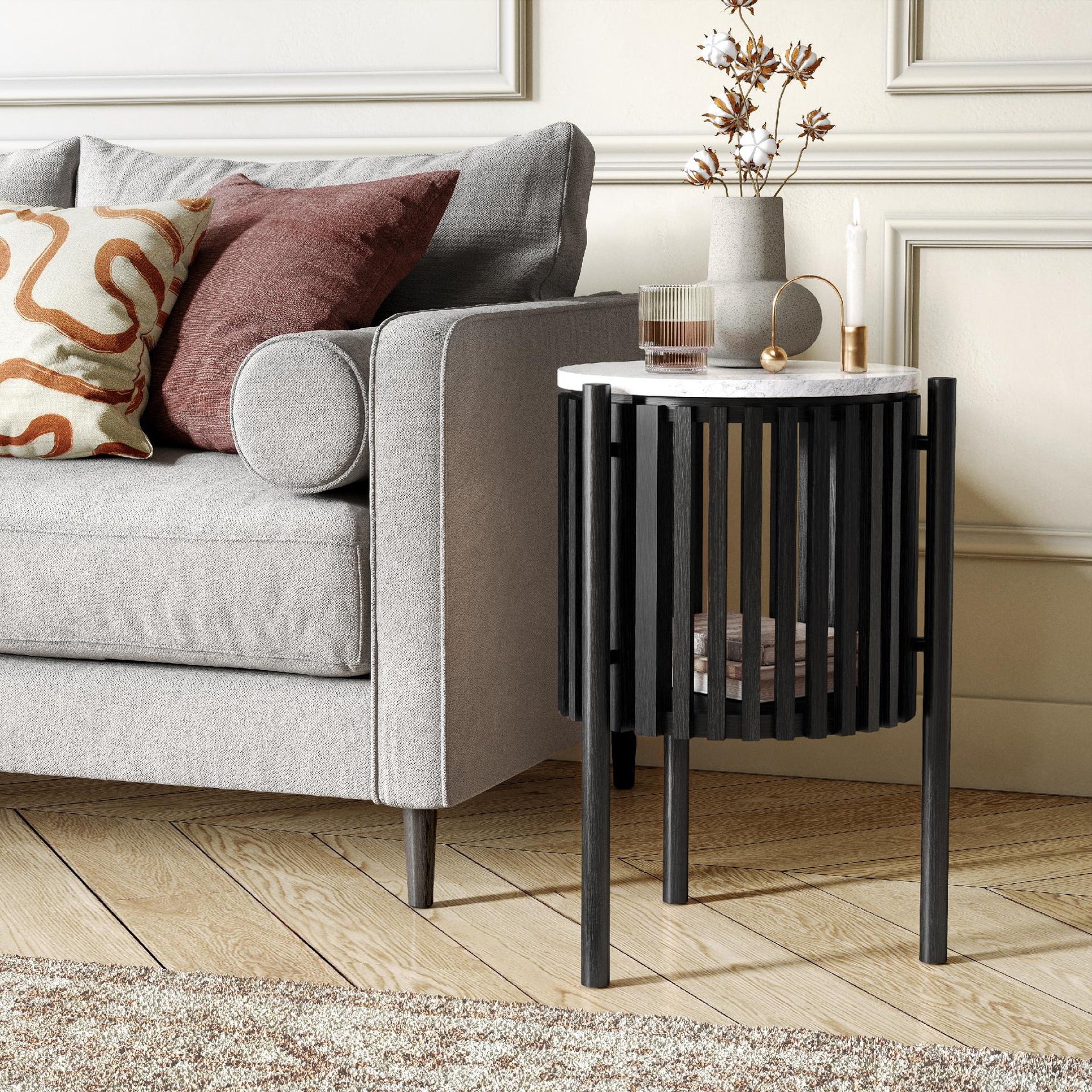 Colton Black Wood & White Marble Story Side Table with Door