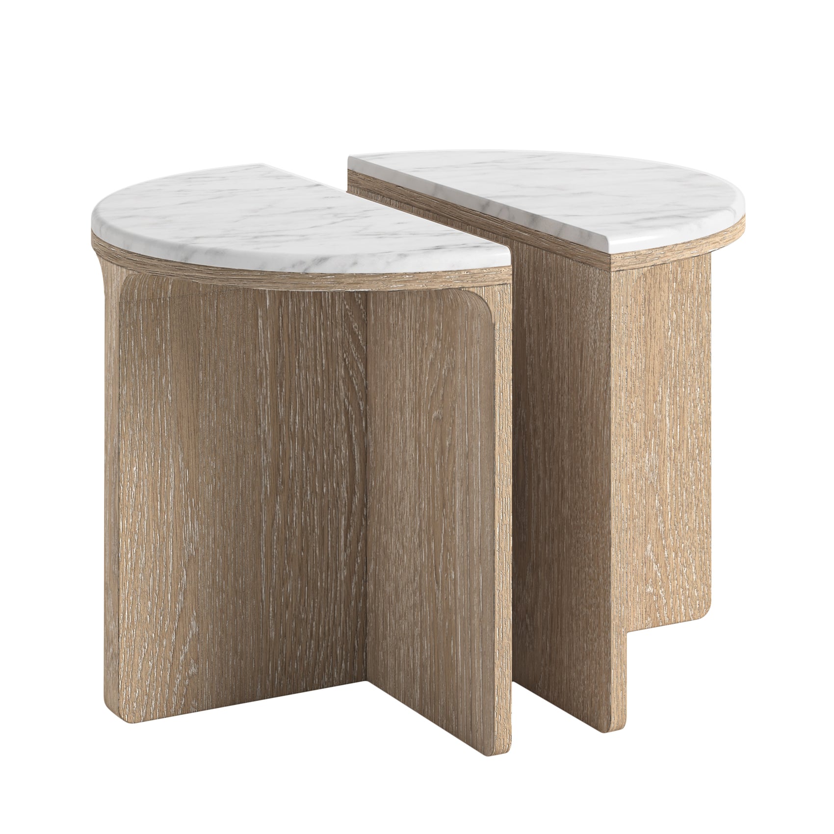 Brooklyn Oak Wood & White Marble Half Moon Side Tables Nest