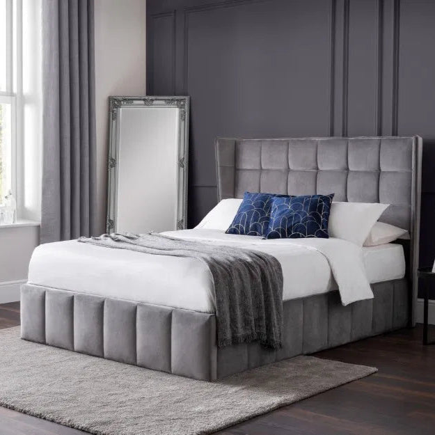 Roscose Light Grey Velvet Ottoman Storage Double Bed