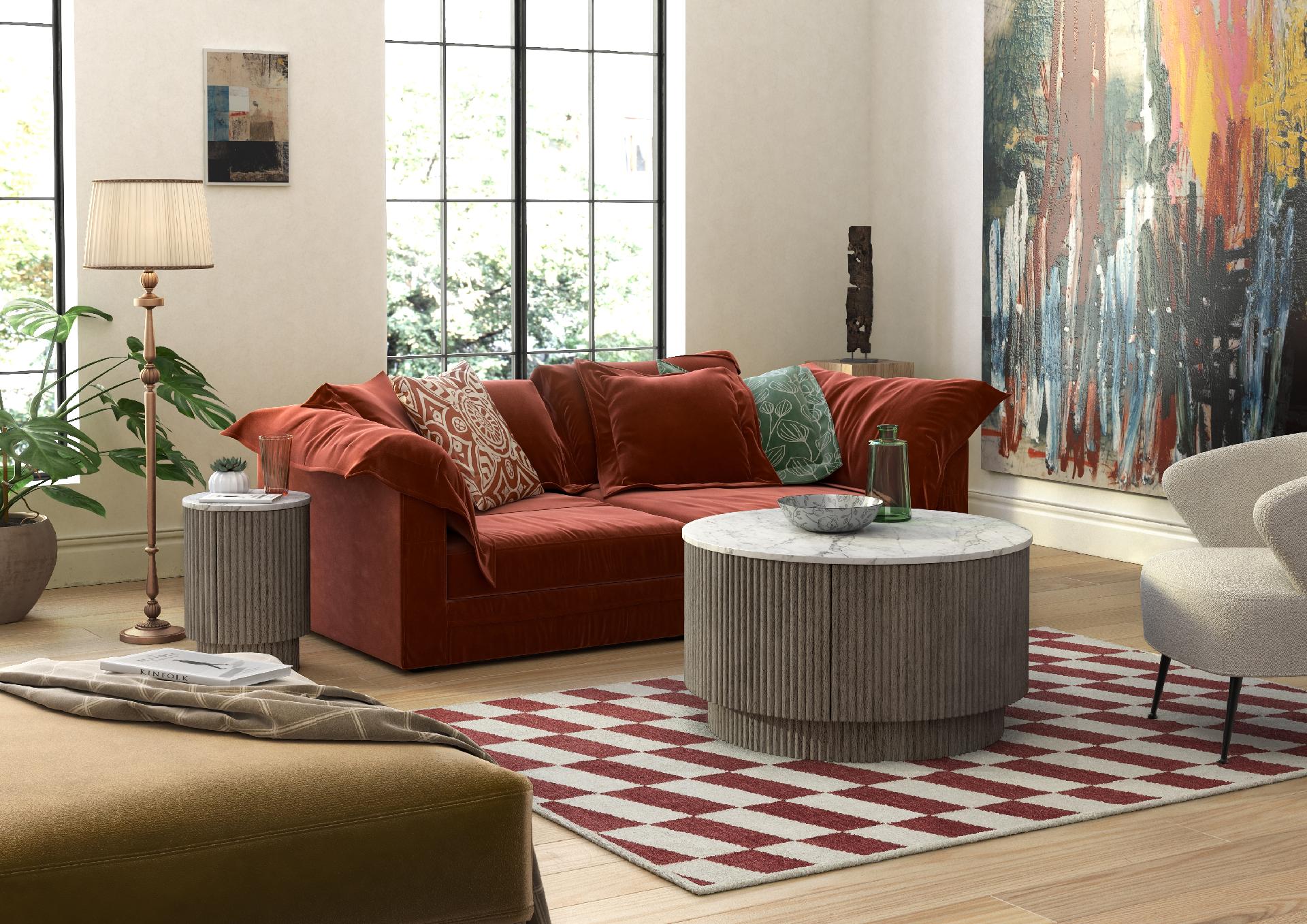 Monroe Grey Ribbed Mango Wood & White Marble Round Coffee Table