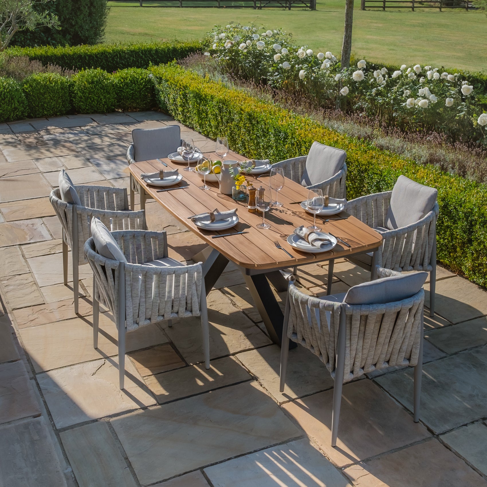 Jakarta Teak Oval Dining Table with Milan Dining Chairs - Cool Linen