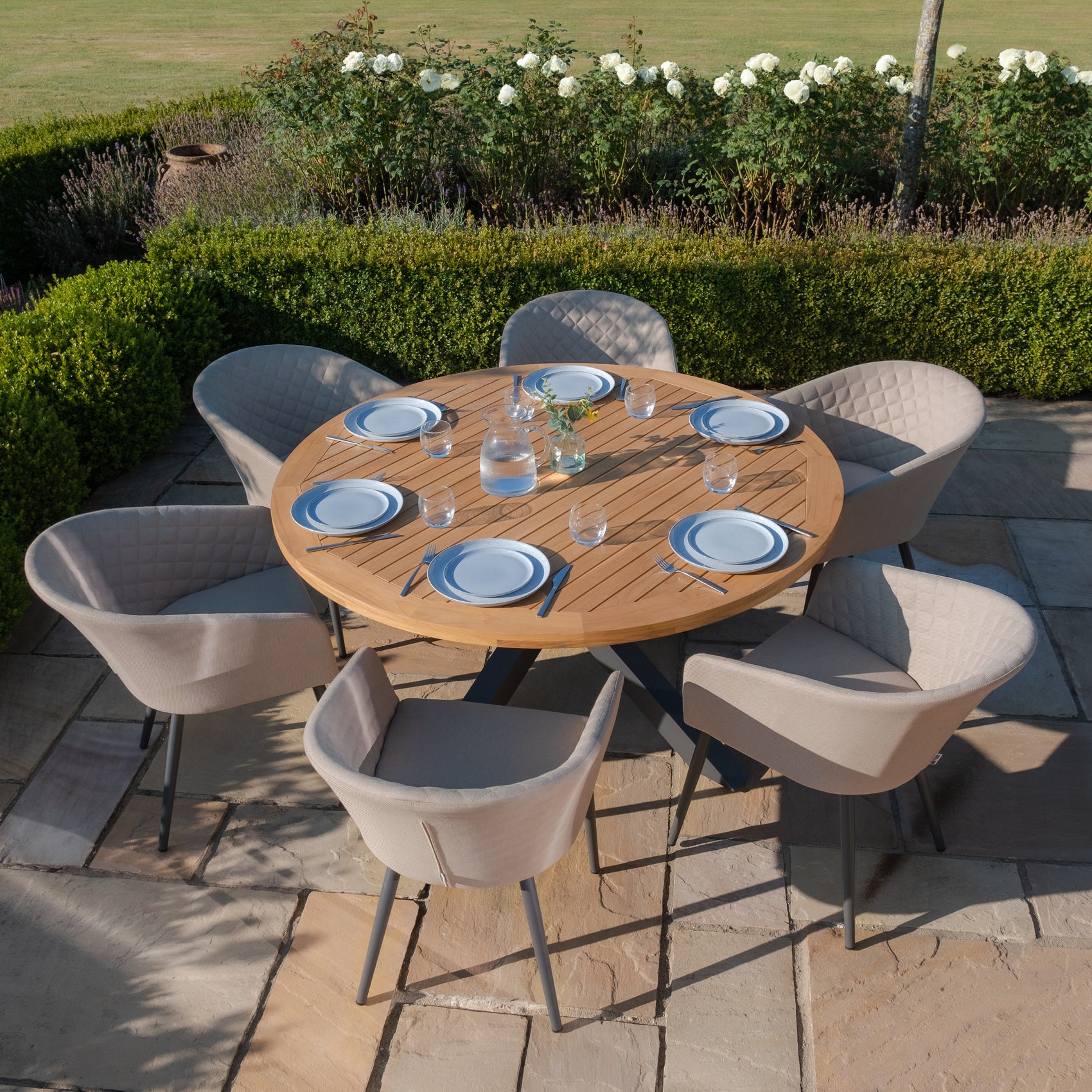 Jakarta Teak Round Dining Table with Ambition Dining Chairs - Oatmeal