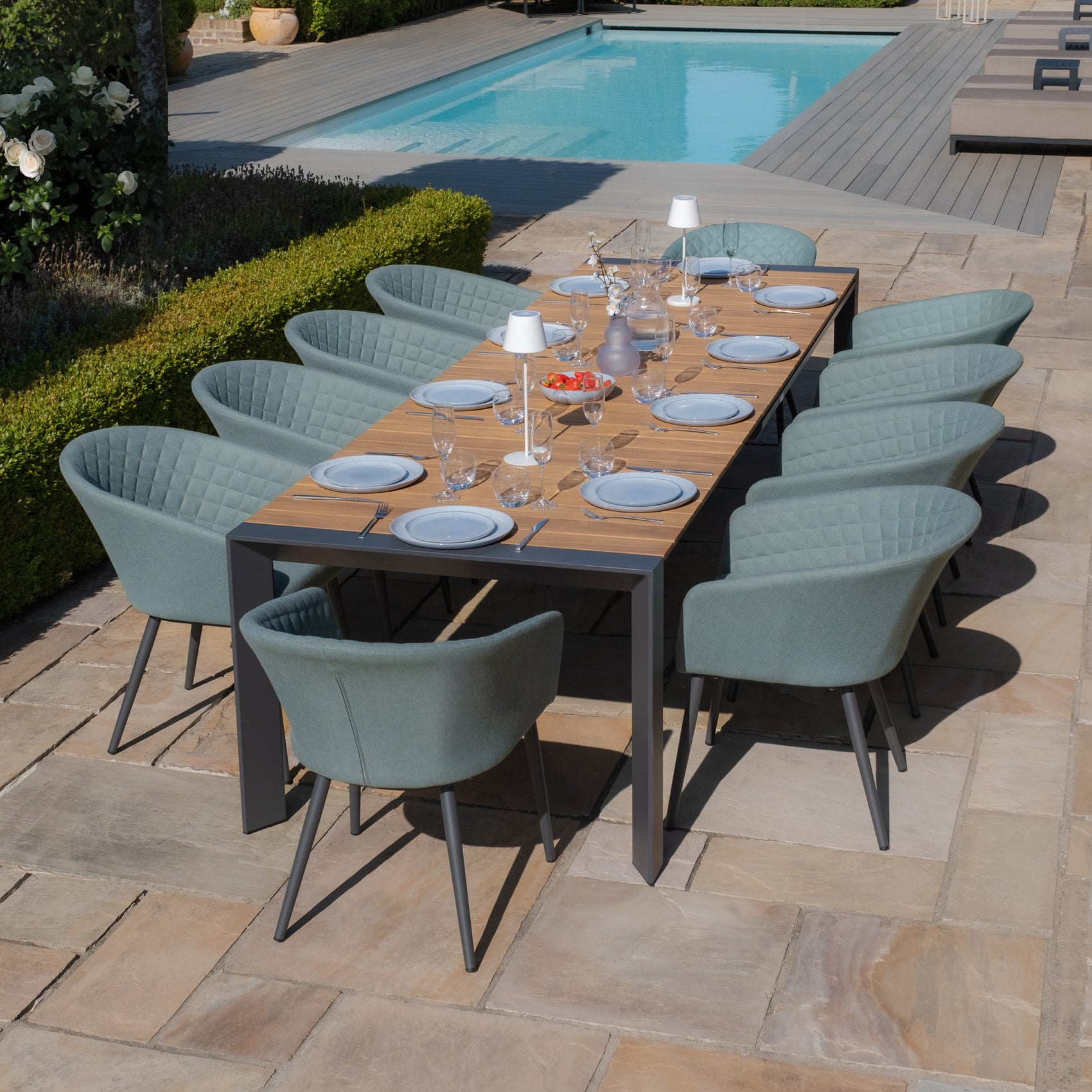 Jakarta Teak Rectangular Extending Dining Table with Ambition Dining Chairs - Sage Green