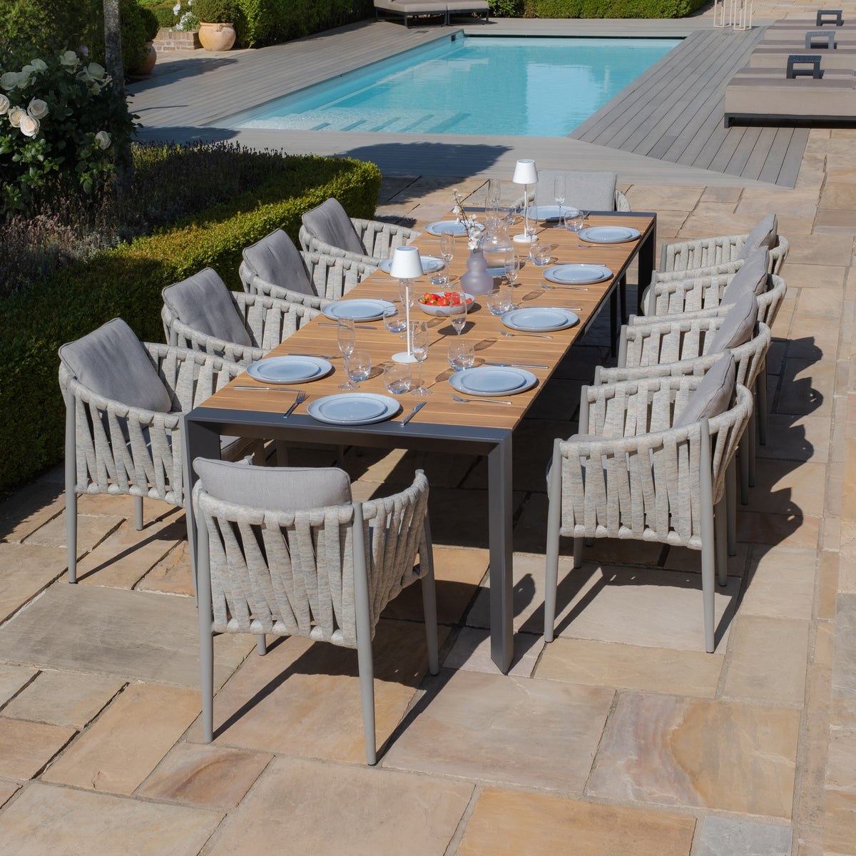 Jakarta Teak Rectangular Extending Dining Table with Milan Dining Chairs - Cool Linen