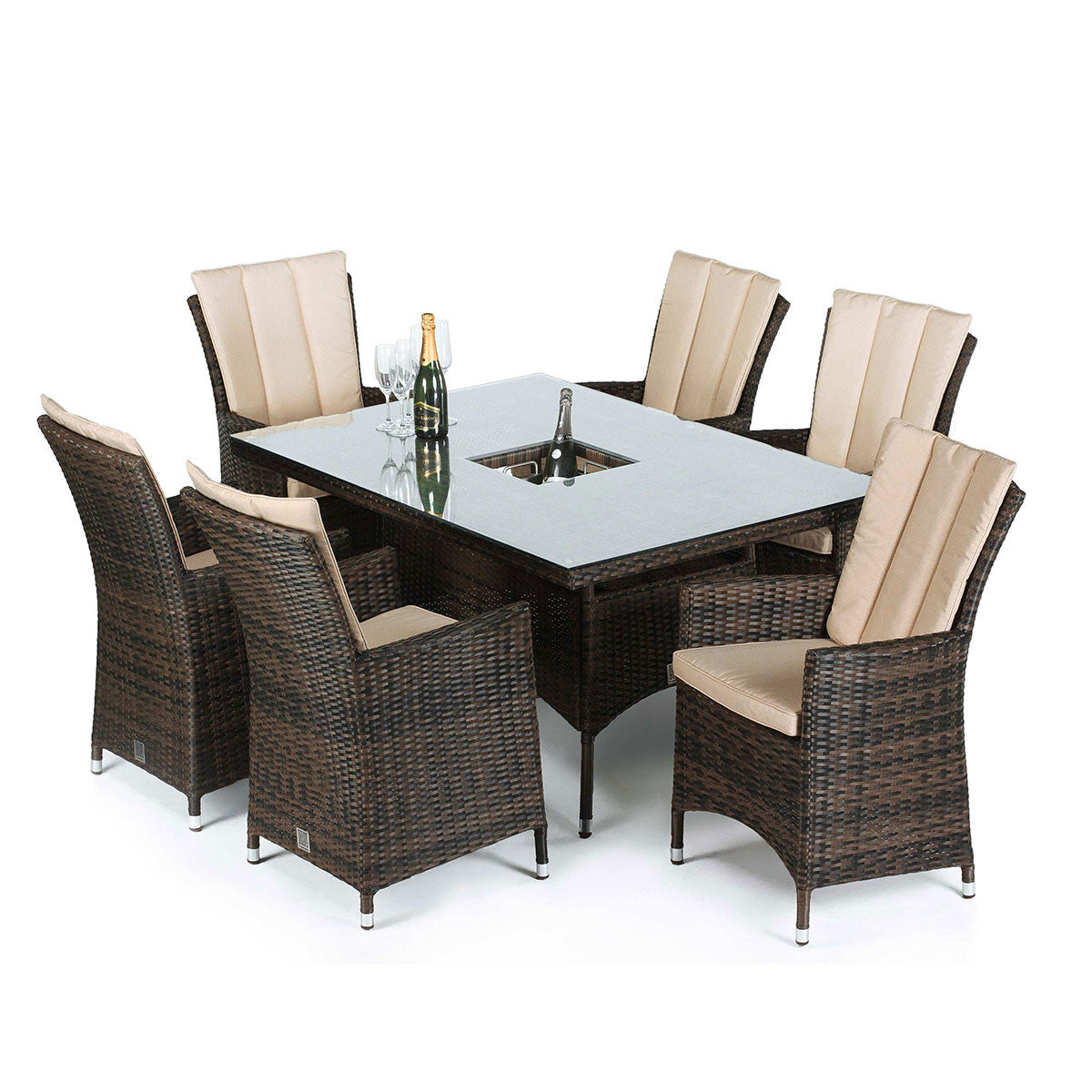 Maze LA Brown Rectangular Outdoor Dining Set with Lazy Susan and Ice Bucket | 6 Seater